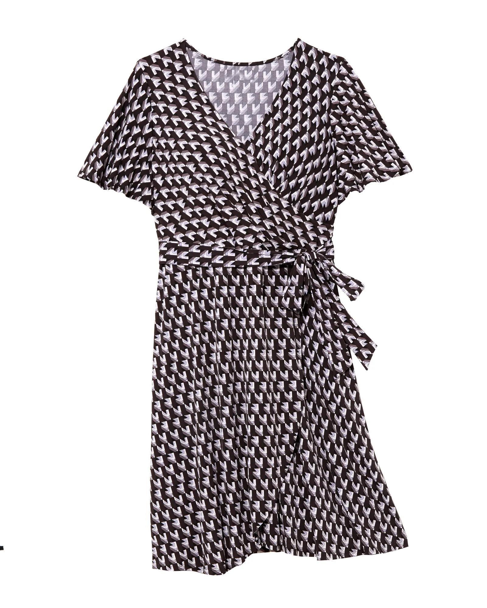 Newbury Flutter Sleeve Wrap Dress | Black / Light Grey