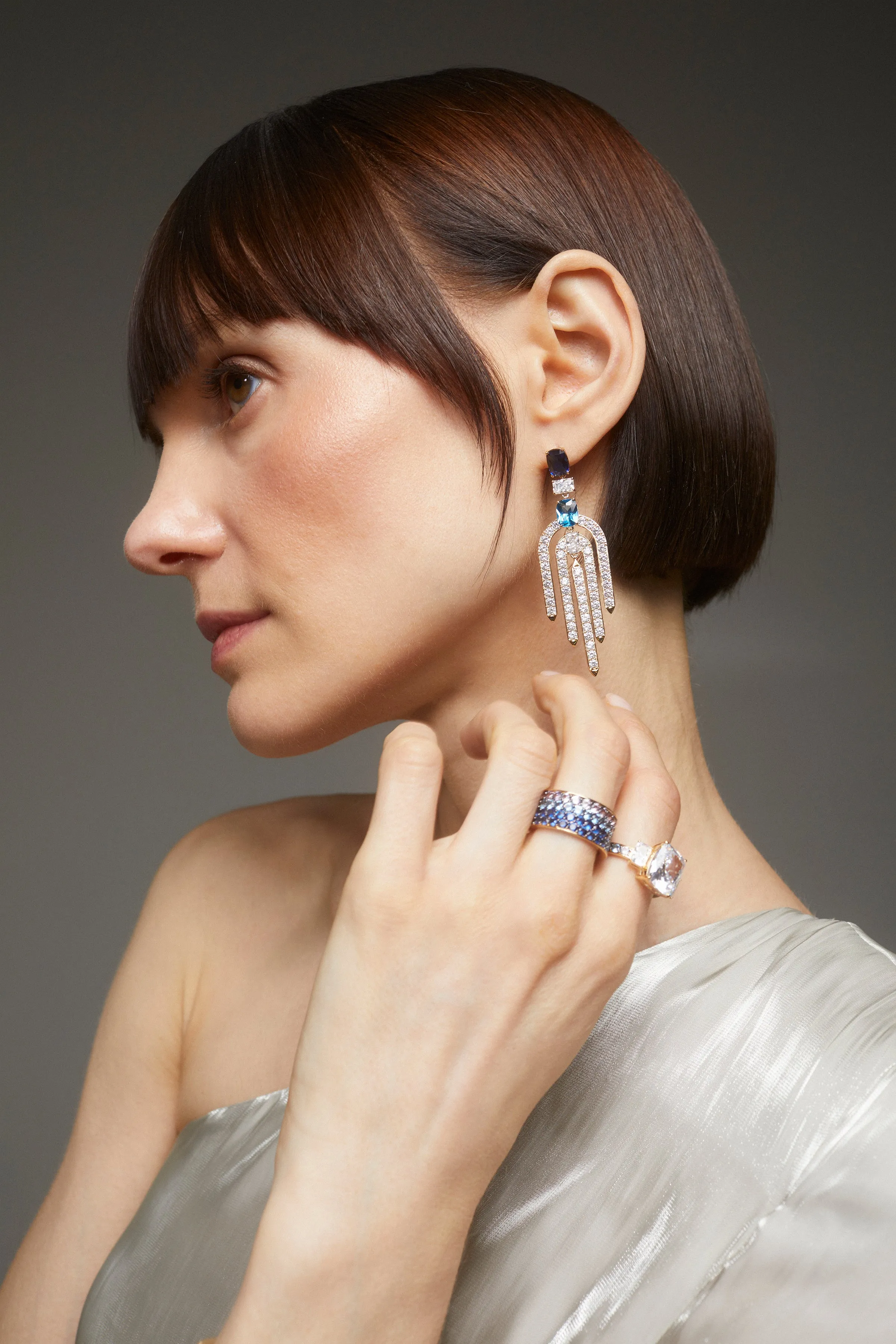 NORTHERN LIGHTS LARGE ORBITAL BLUE CZ CHANDELIER EARRINGS