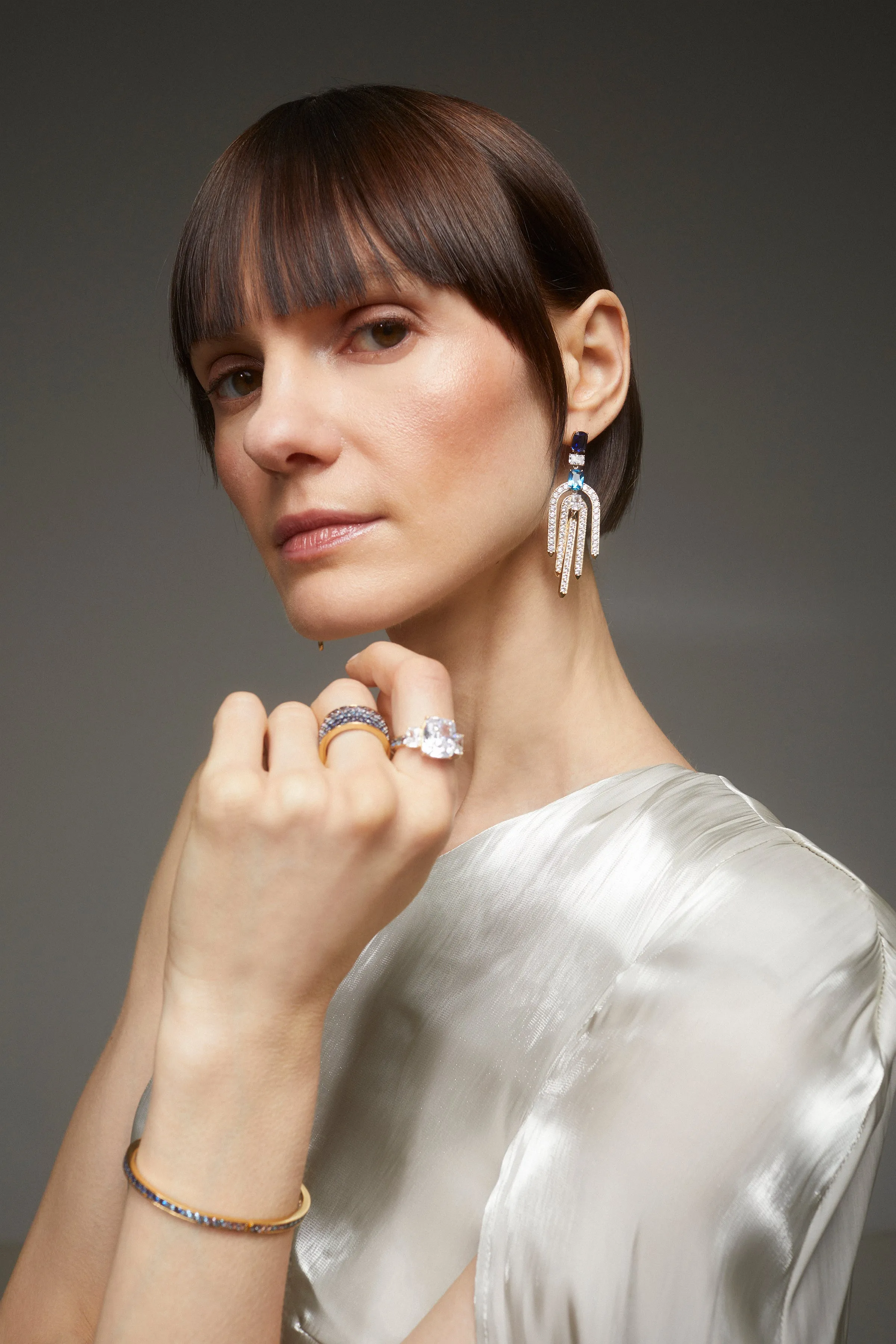 NORTHERN LIGHTS LARGE ORBITAL BLUE CZ CHANDELIER EARRINGS