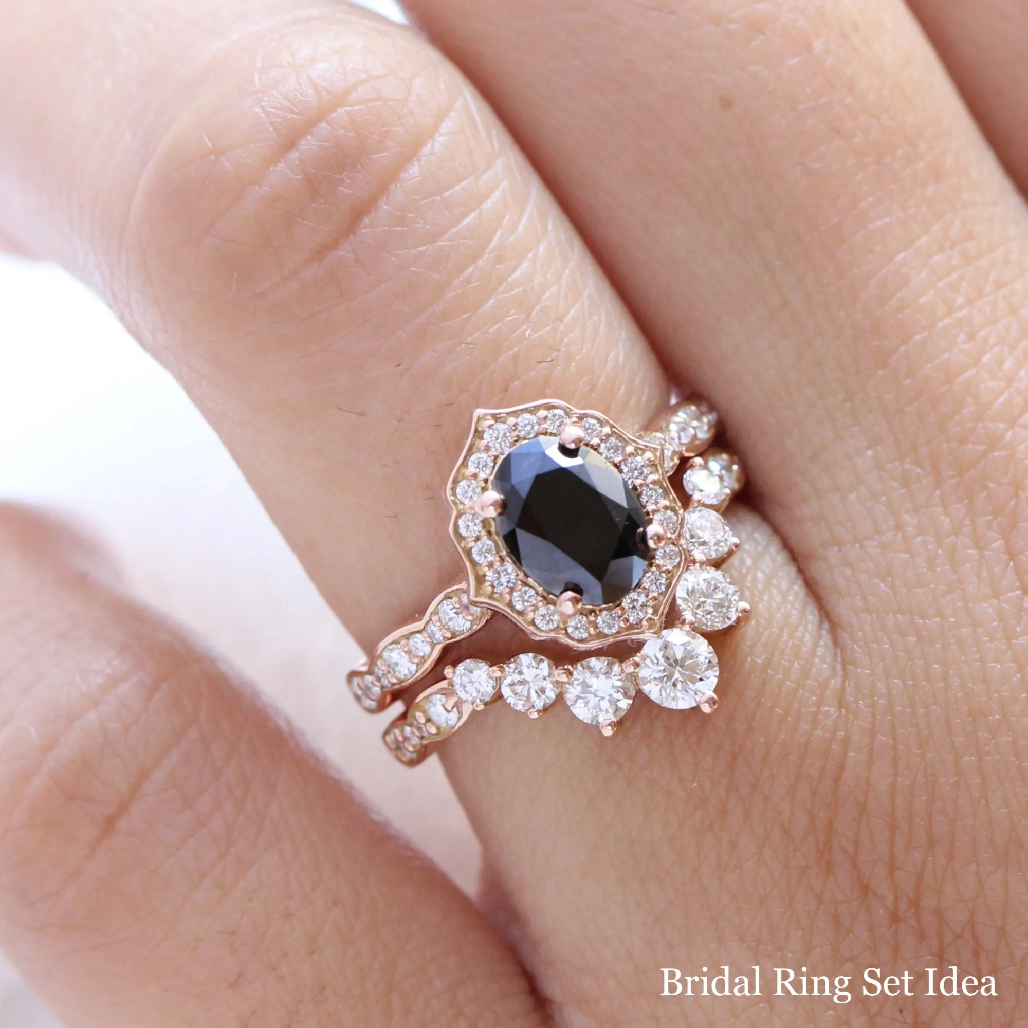 Oval Black Diamond Engagement Ring in Vintage Floral Scalloped Band