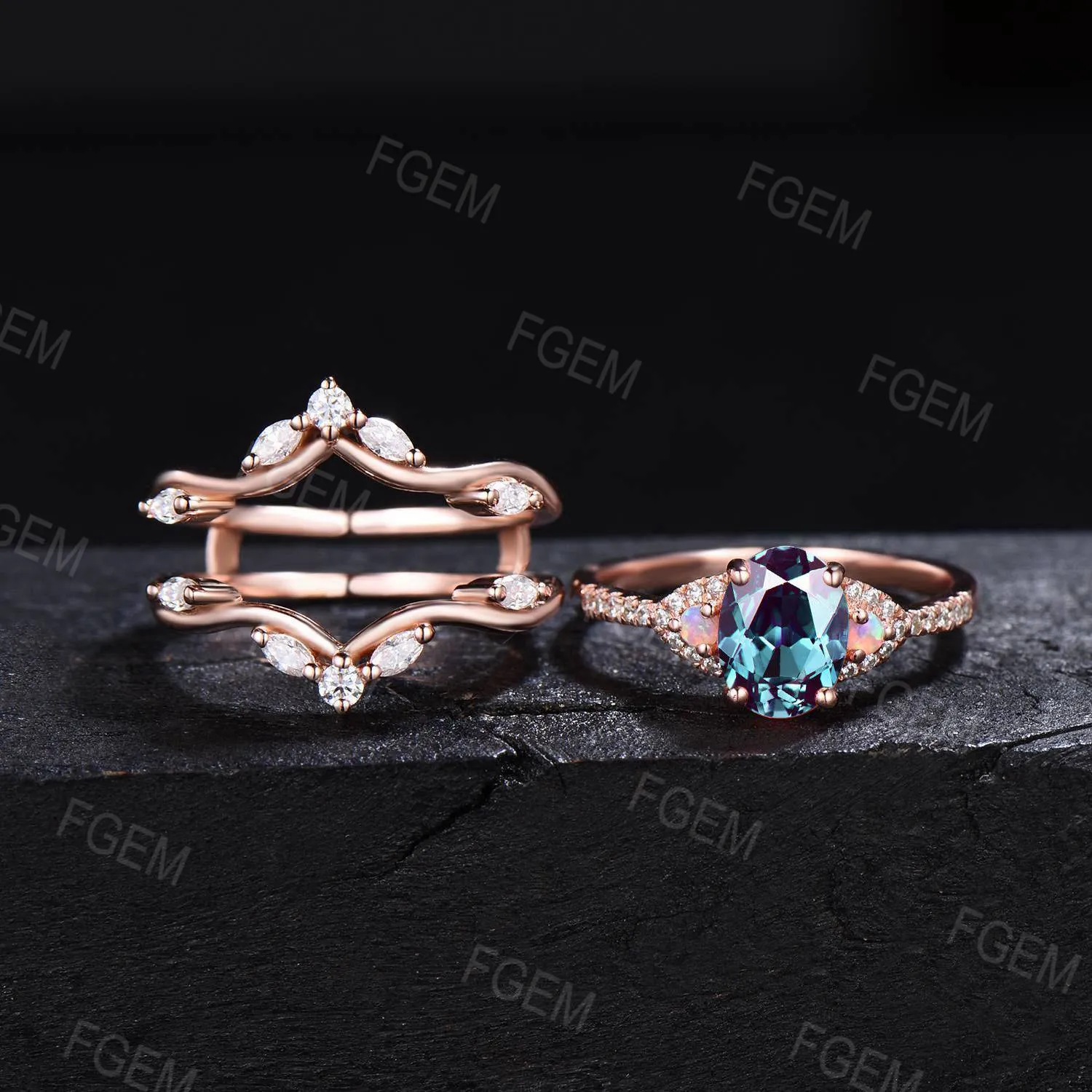 Oval Cut Alexandrite Engagement Ring Art Deco Moissanite Enhancer Guard Ring Set Half Eternity Wedding Ring June Birthstone Anniversary Gift