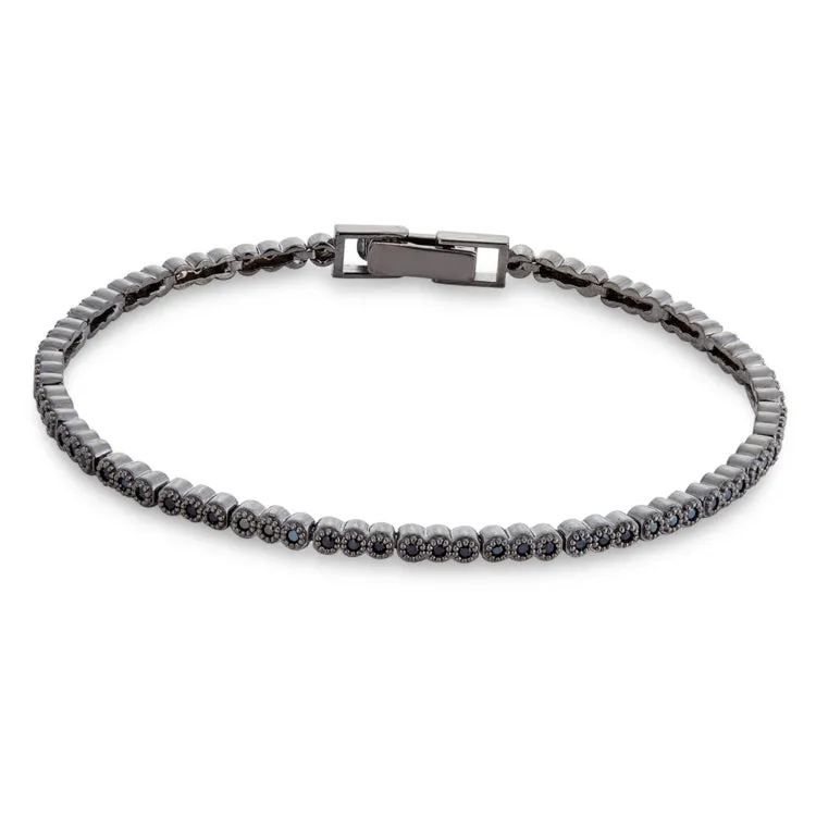 Platinum Finish Sterling Silver Vintage Bracelet with Black Simulated Diamonds 7.25"