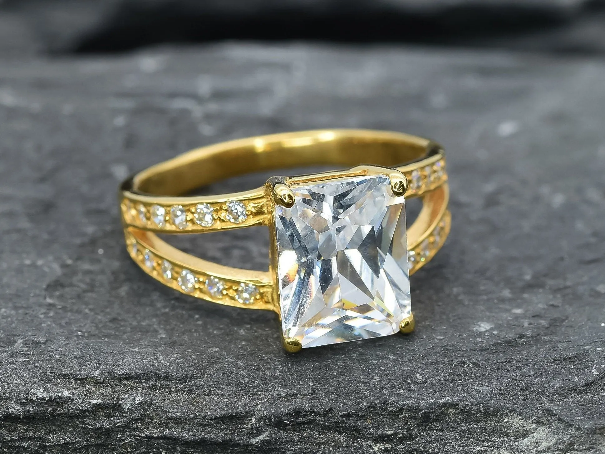 Princess Cut Diamond Ring - Created CZ Gold Ring - Split Paved Gold Band