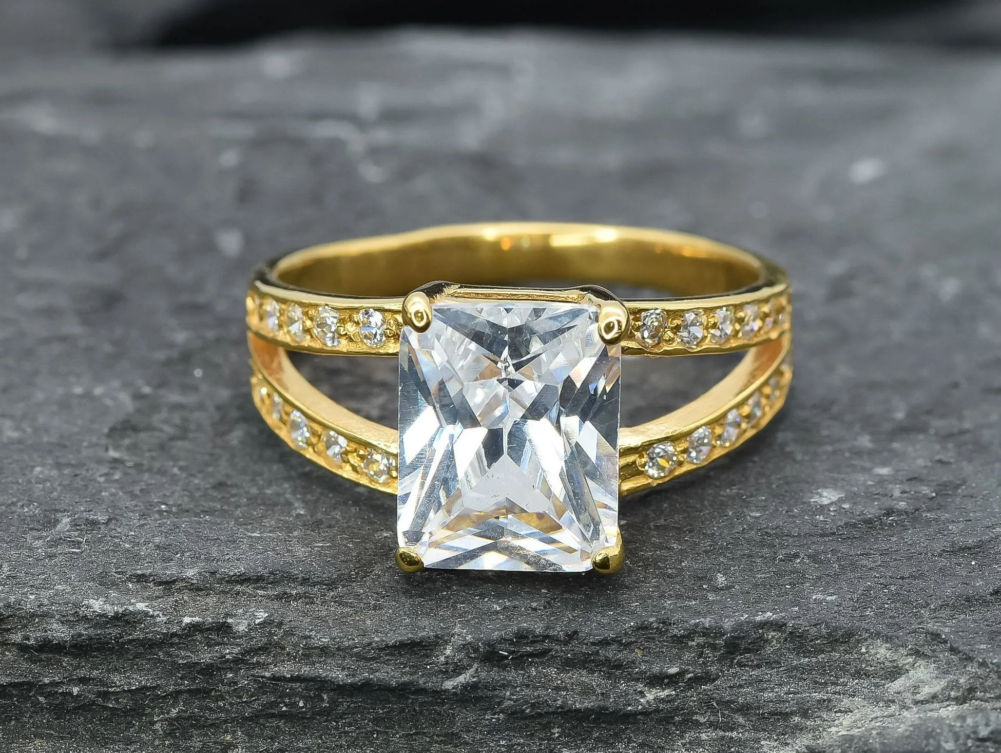 Princess Cut Diamond Ring - Created CZ Gold Ring - Split Paved Gold Band