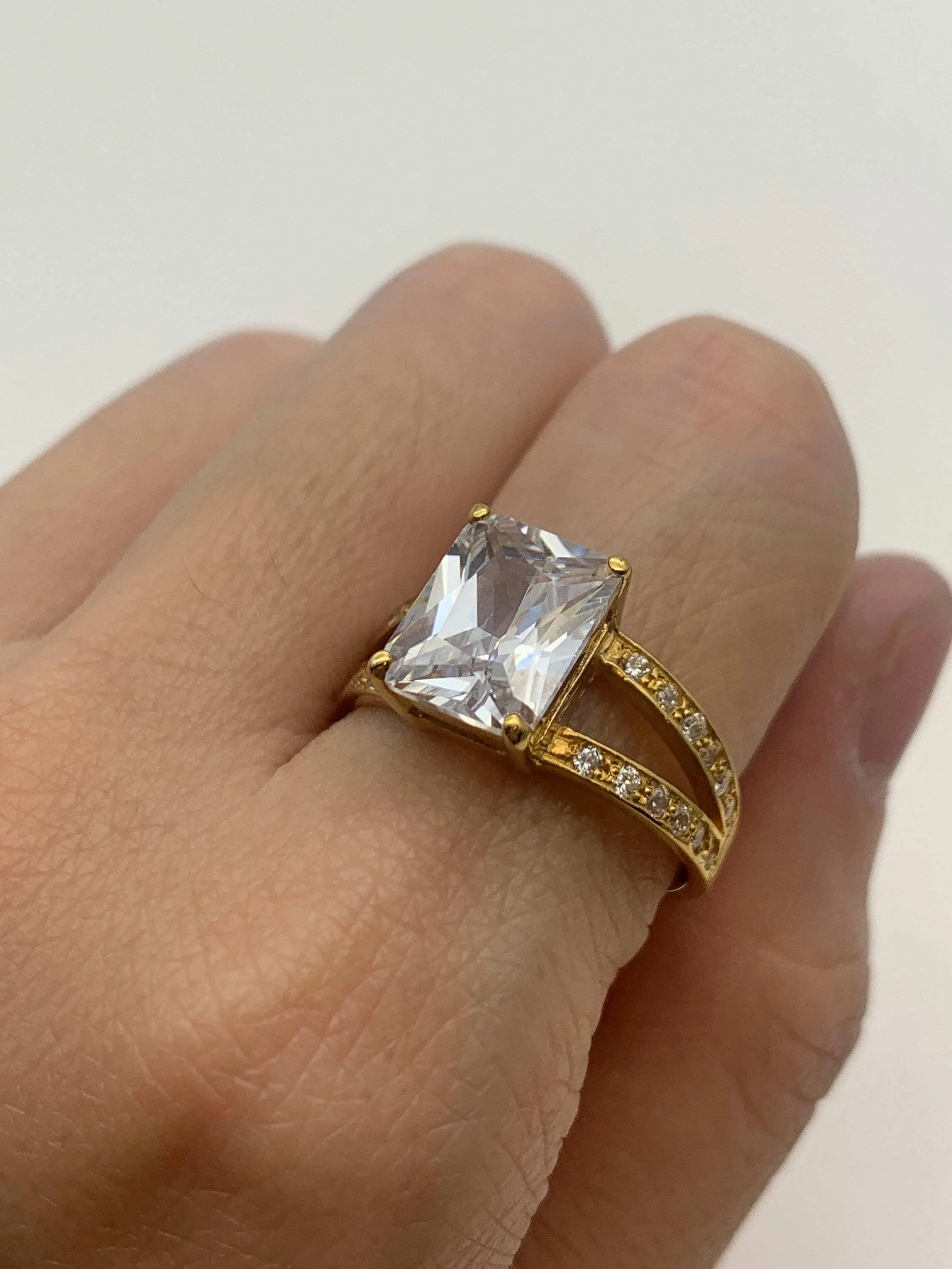 Princess Cut Diamond Ring - Created CZ Gold Ring - Split Paved Gold Band