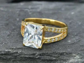 Princess Cut Diamond Ring - Created CZ Gold Ring - Split Paved Gold Band