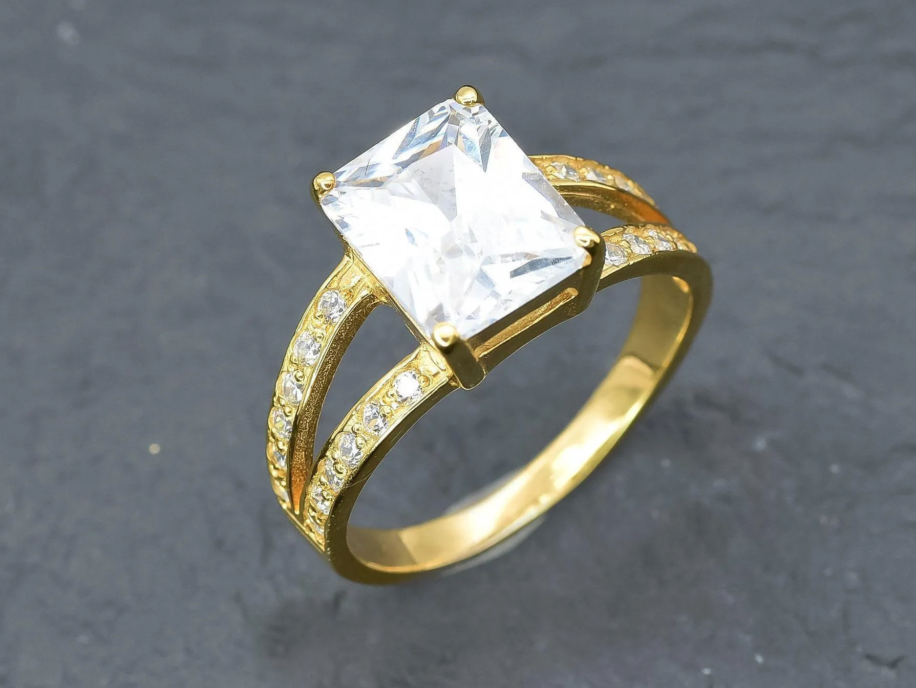 Princess Cut Diamond Ring - Created CZ Gold Ring - Split Paved Gold Band