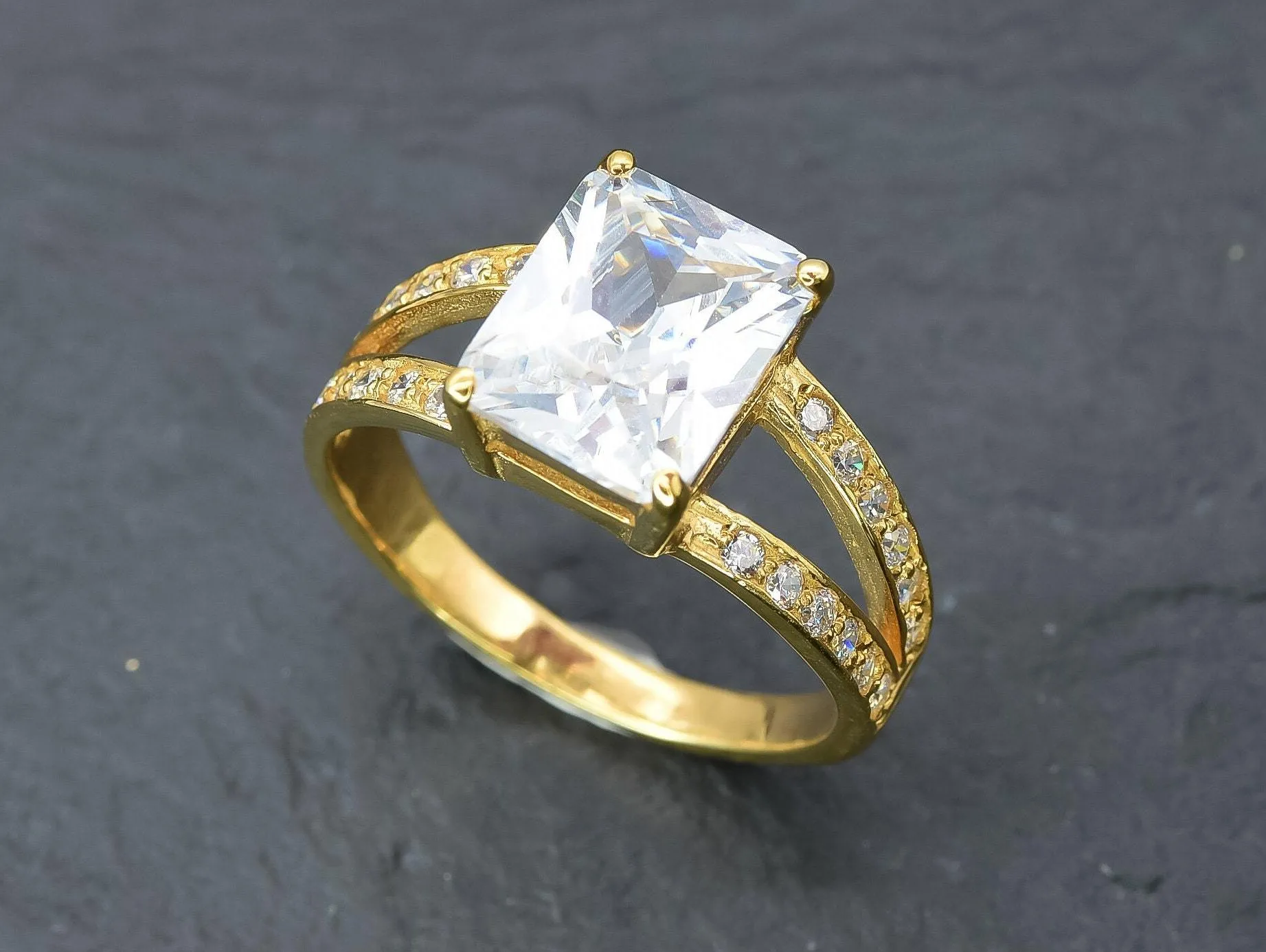 Princess Cut Diamond Ring - Created CZ Gold Ring - Split Paved Gold Band