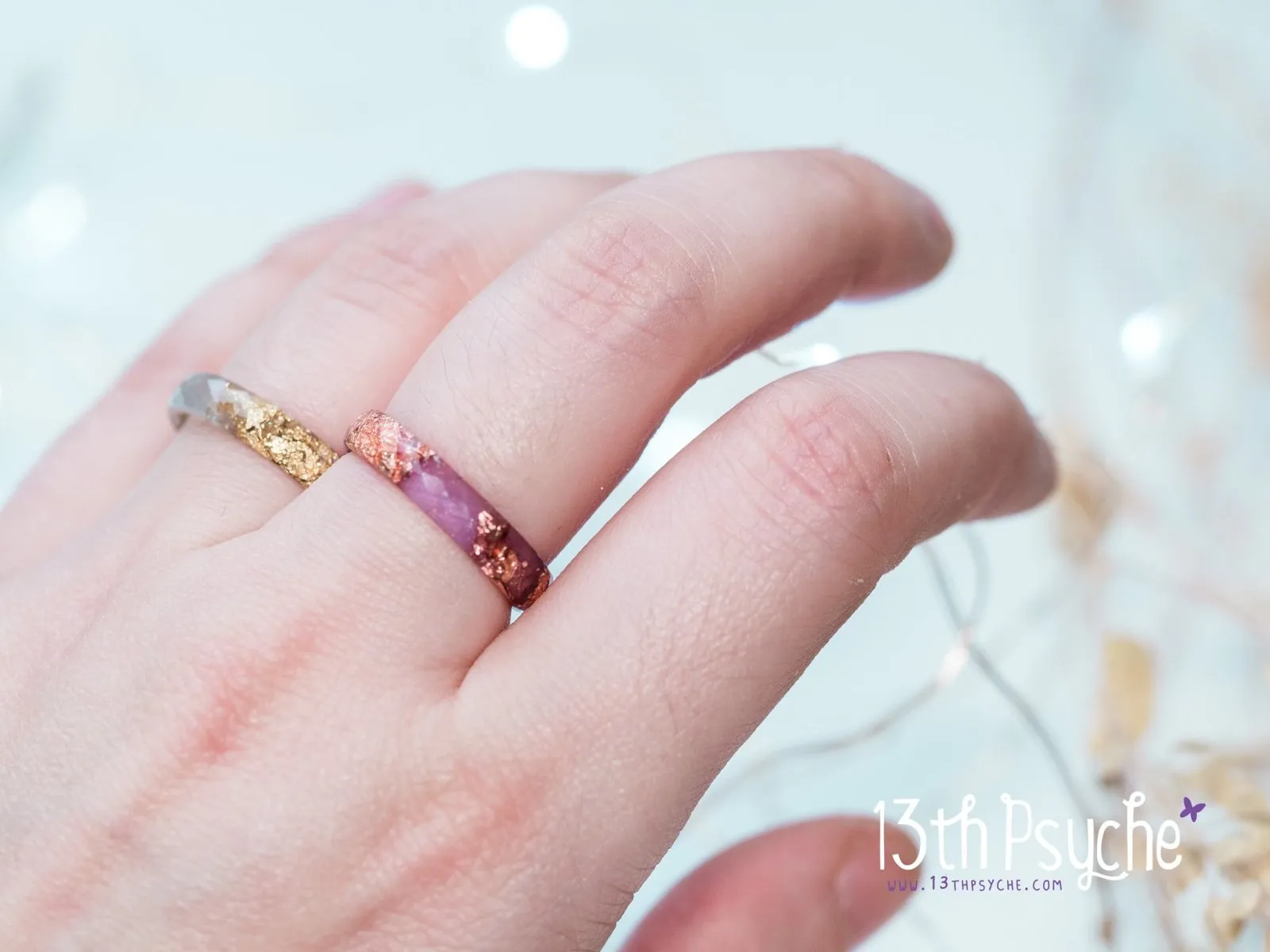Purple and rose gold flakes faceted resin ring