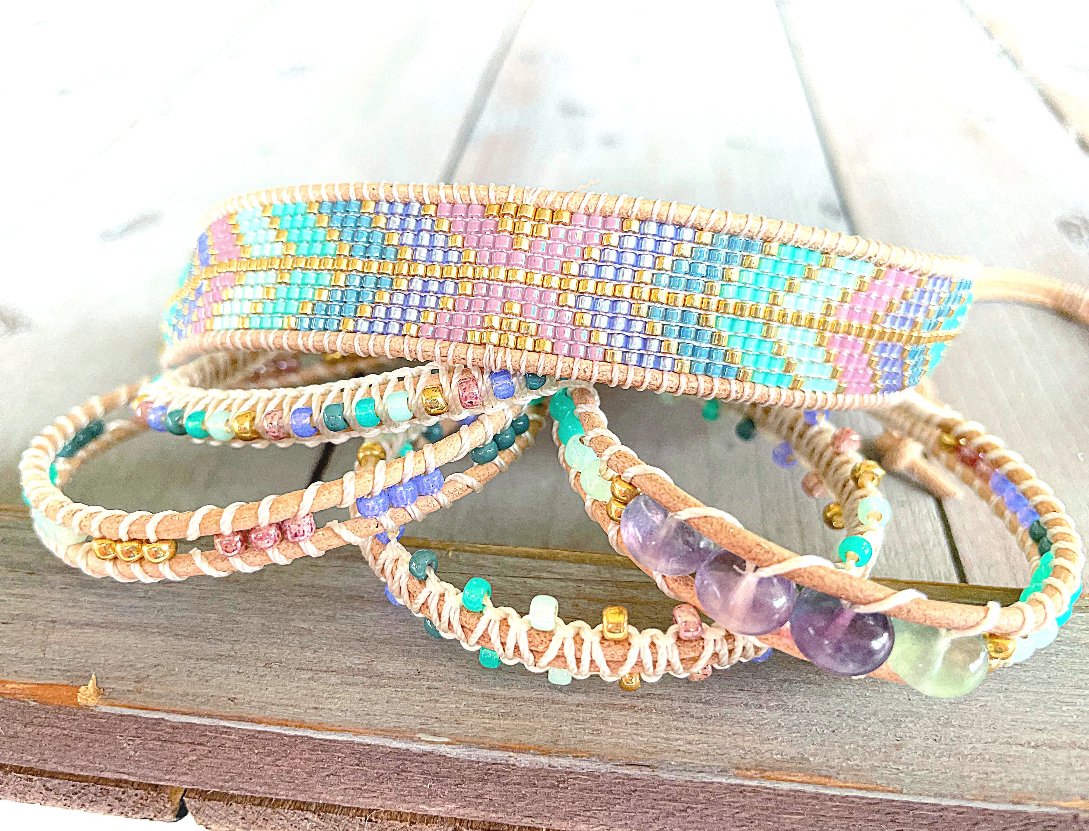 Purple, Green, and Gold Geometric Arrow Bead Loom Woven Bracelet