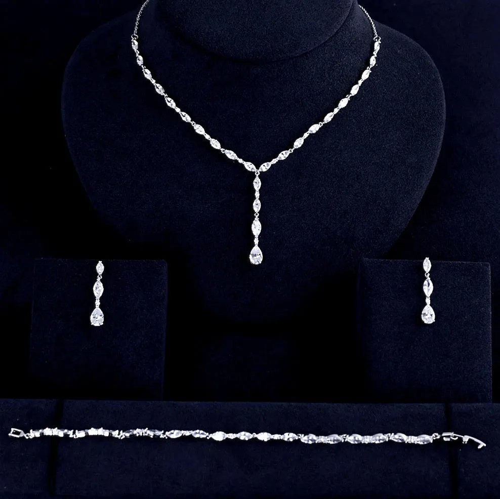 "Elmira" - Silver Cubic Zirconia Bridal Three-Piece Jewelry Set - Available in Silver and Rose Gold