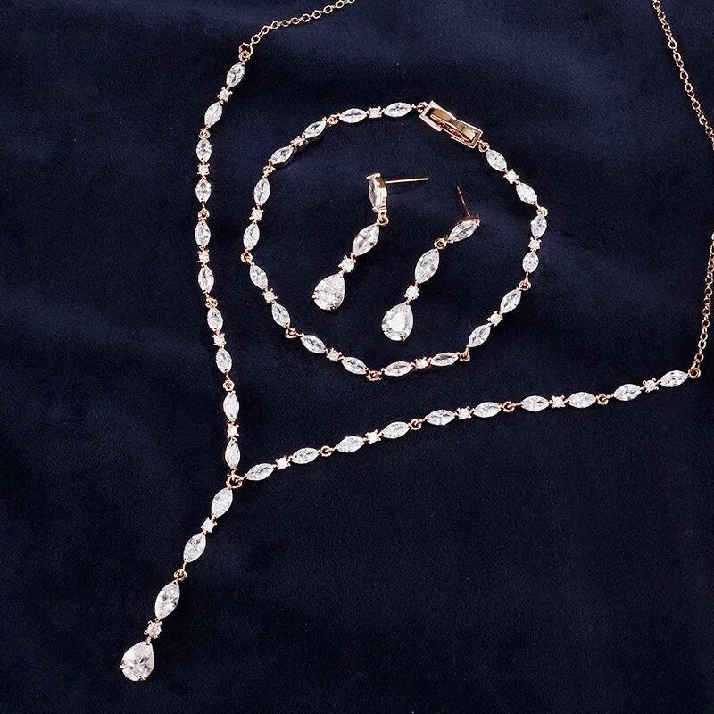"Elmira" - Silver Cubic Zirconia Bridal Three-Piece Jewelry Set - Available in Silver and Rose Gold