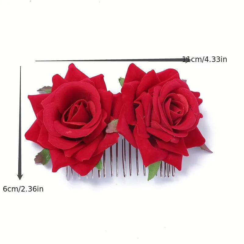 Red Flannelette Rose Bridal Hair Comb for Girls  Women