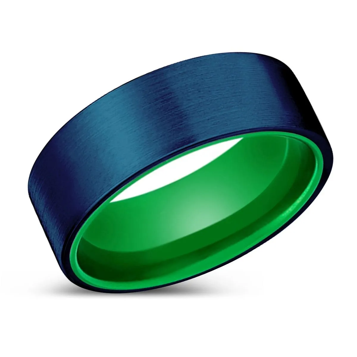 RUVEN | Green Ring, Blue Tungsten Ring, Brushed, Flat