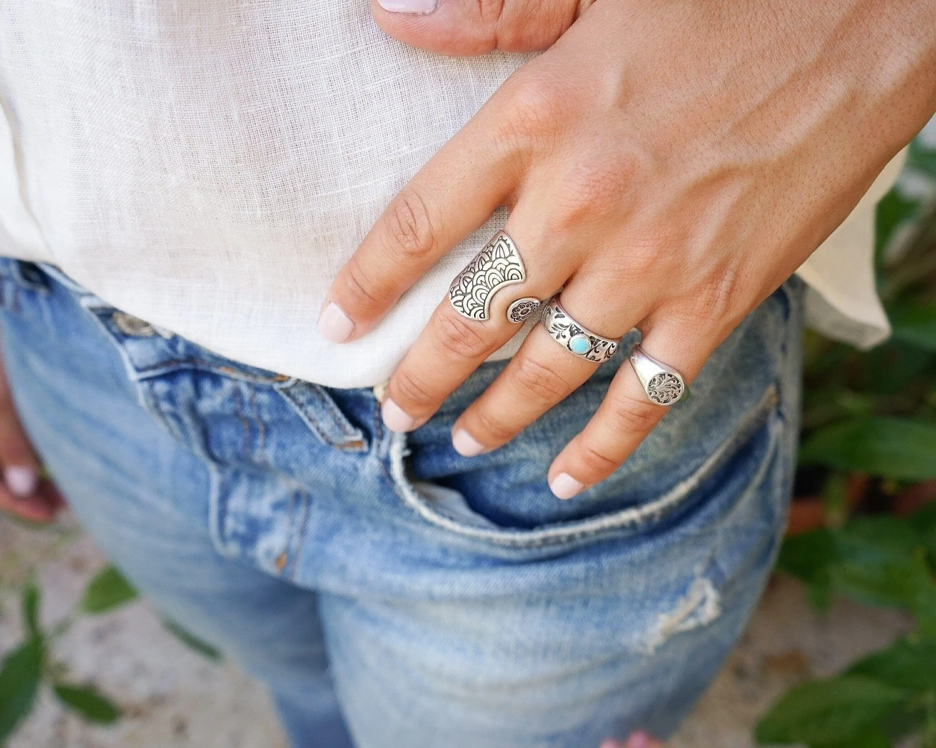 Silver Floral Stamped Signet Ring