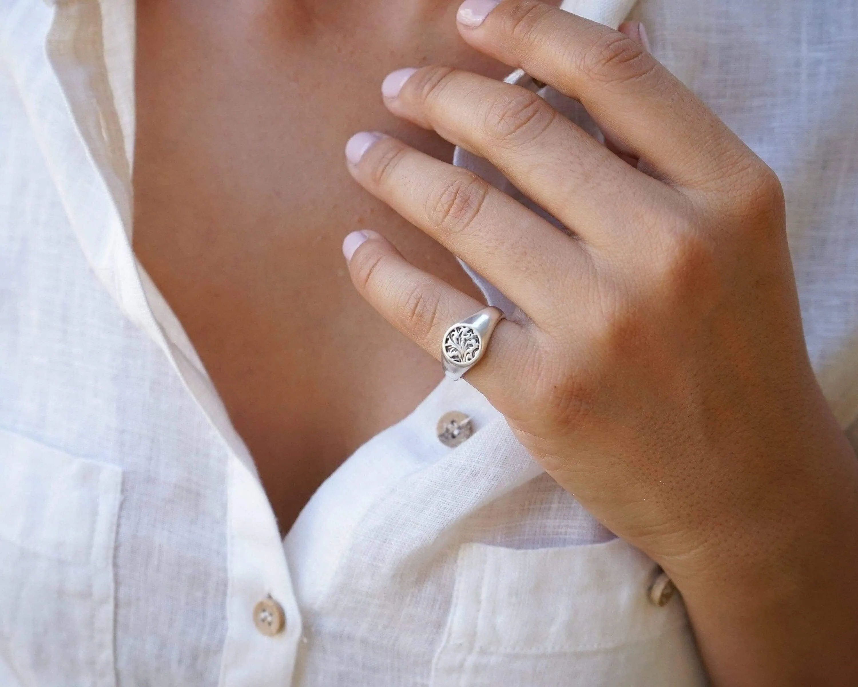 Silver Floral Stamped Signet Ring