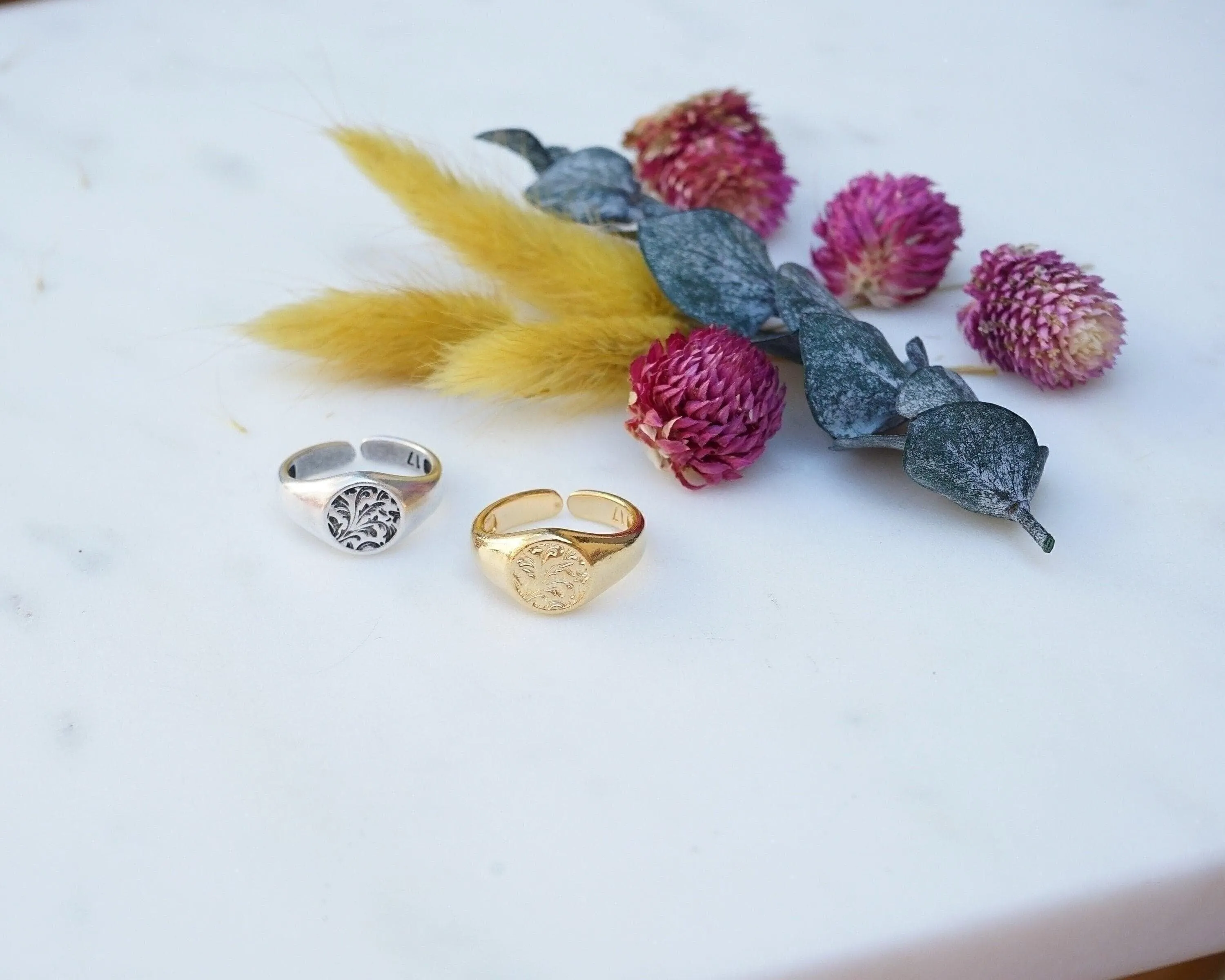 Silver Floral Stamped Signet Ring