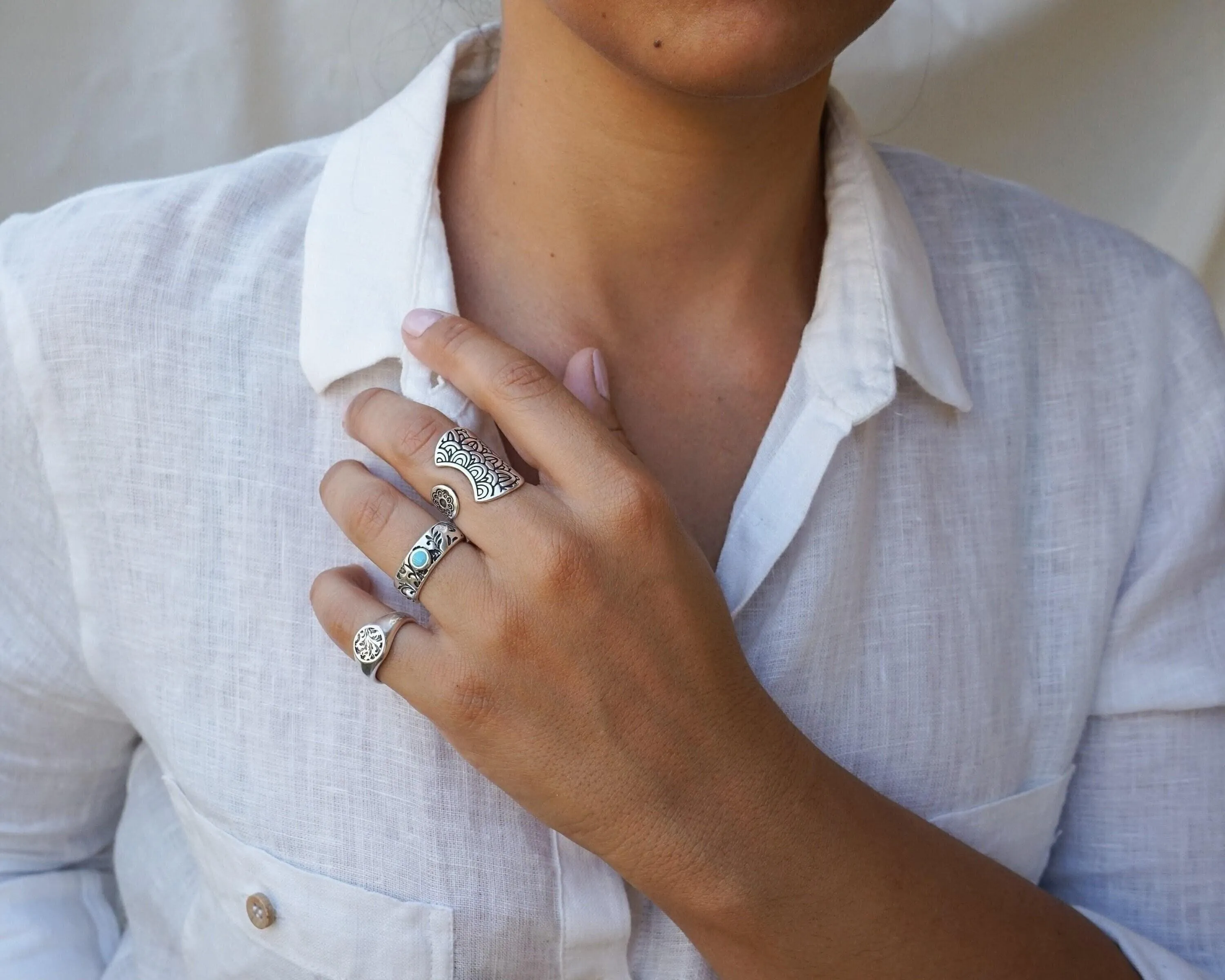 Silver Floral Stamped Signet Ring