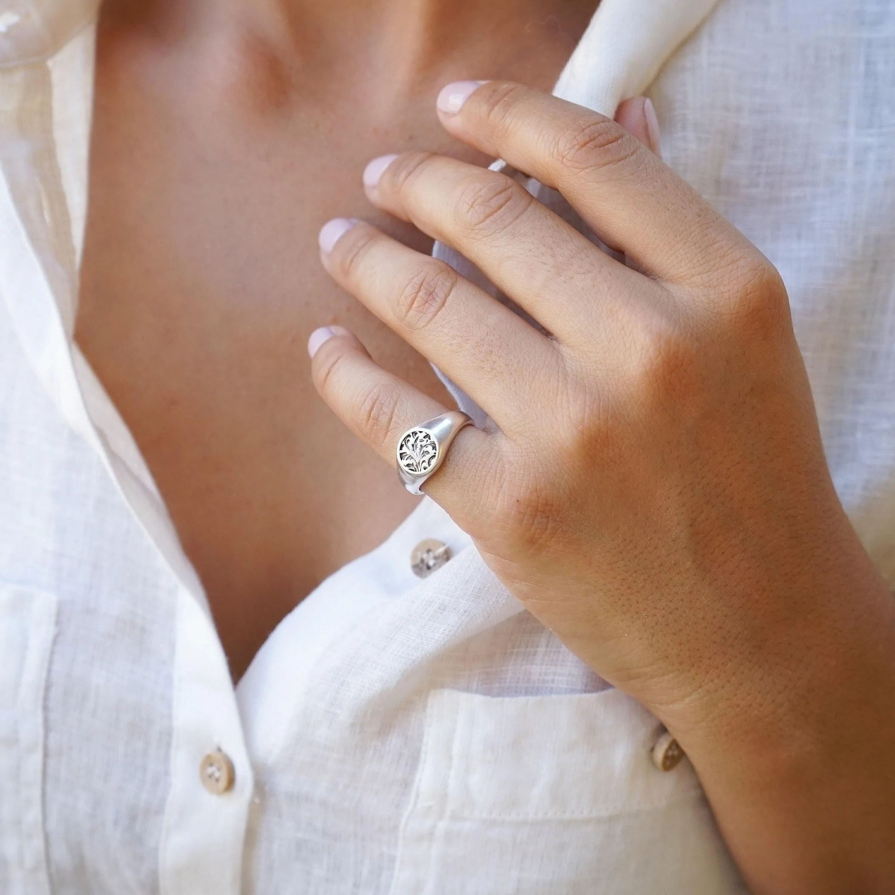 Silver Floral Stamped Signet Ring