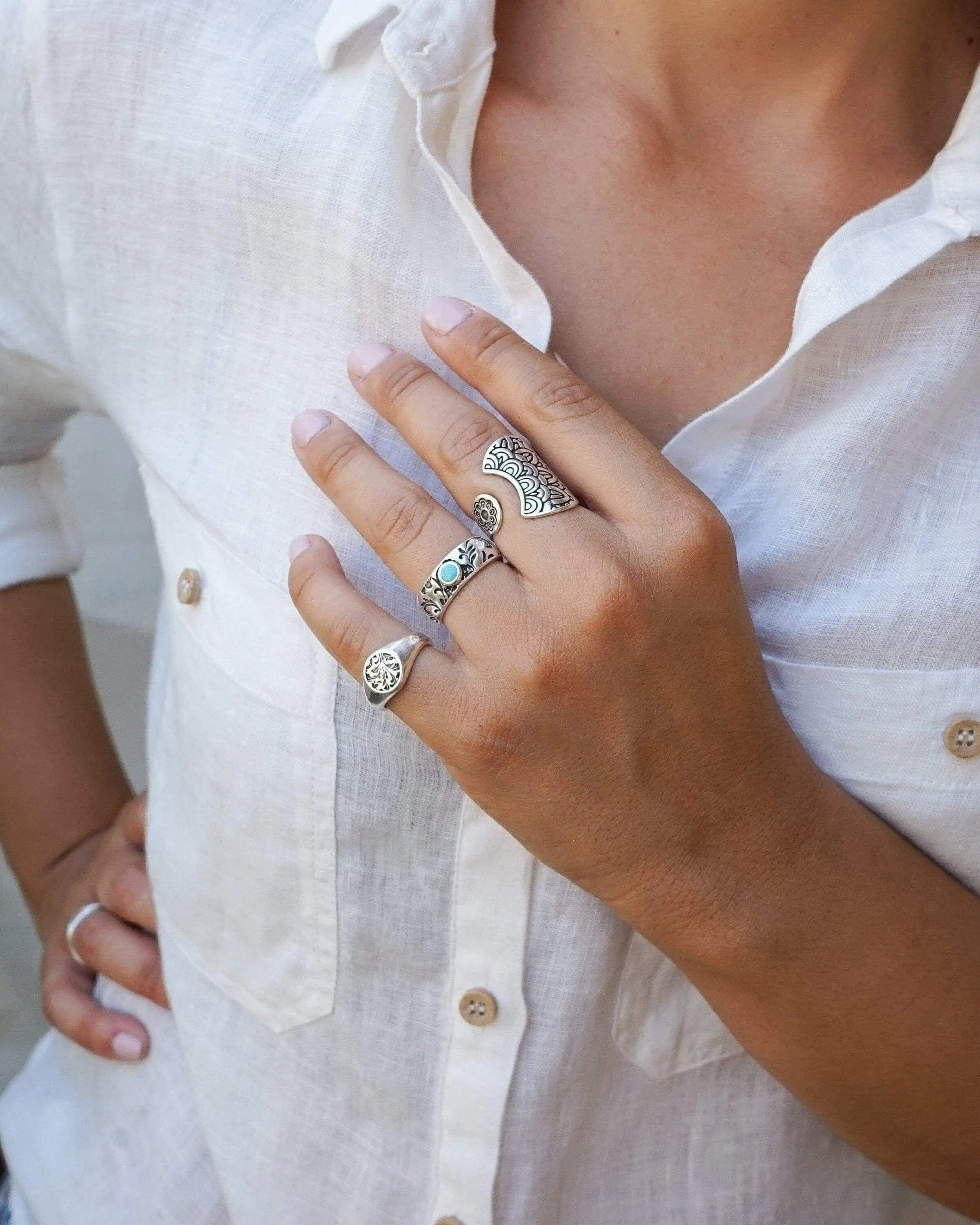 Silver Floral Stamped Signet Ring