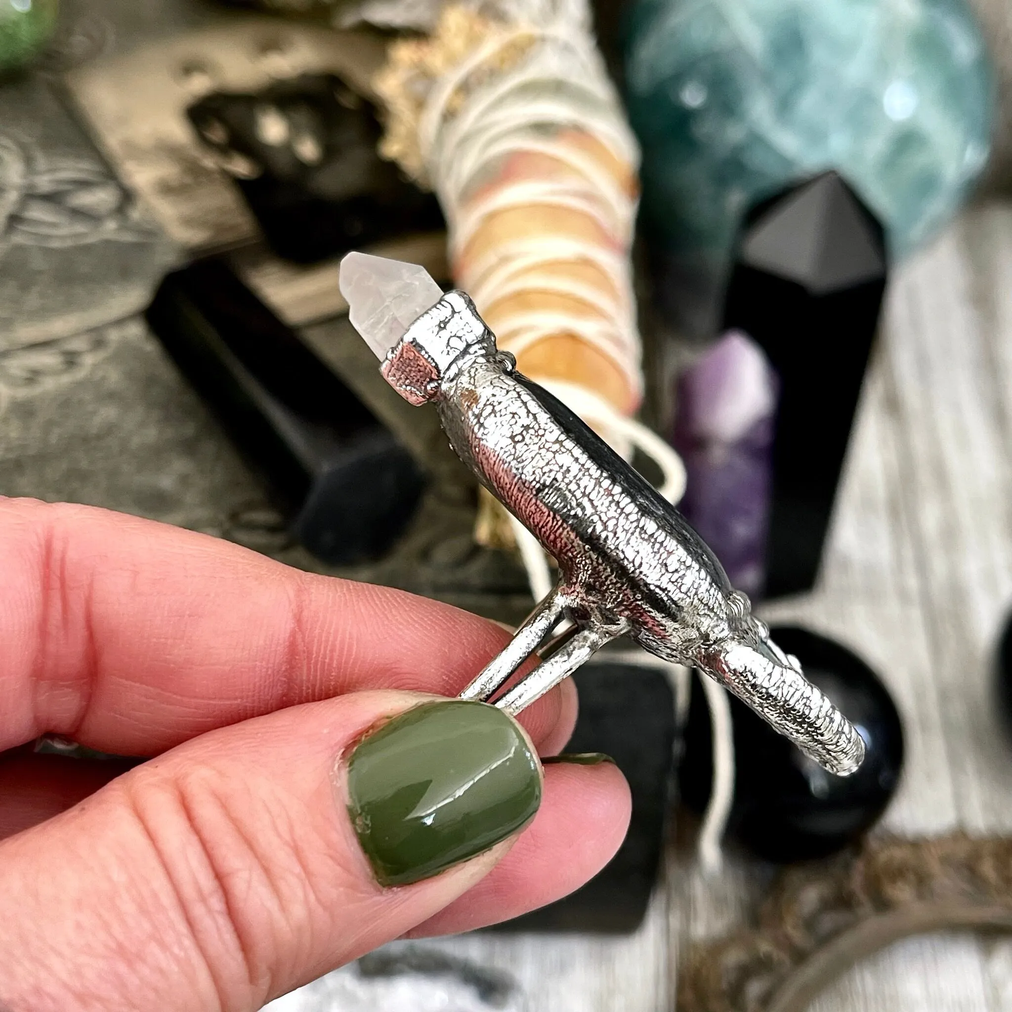 Size 8 Three Stone Ring- Clear Quartz Sea Glass River Rock Crystal Ring Fine Silver / Foxlark Collection - One of a Kind