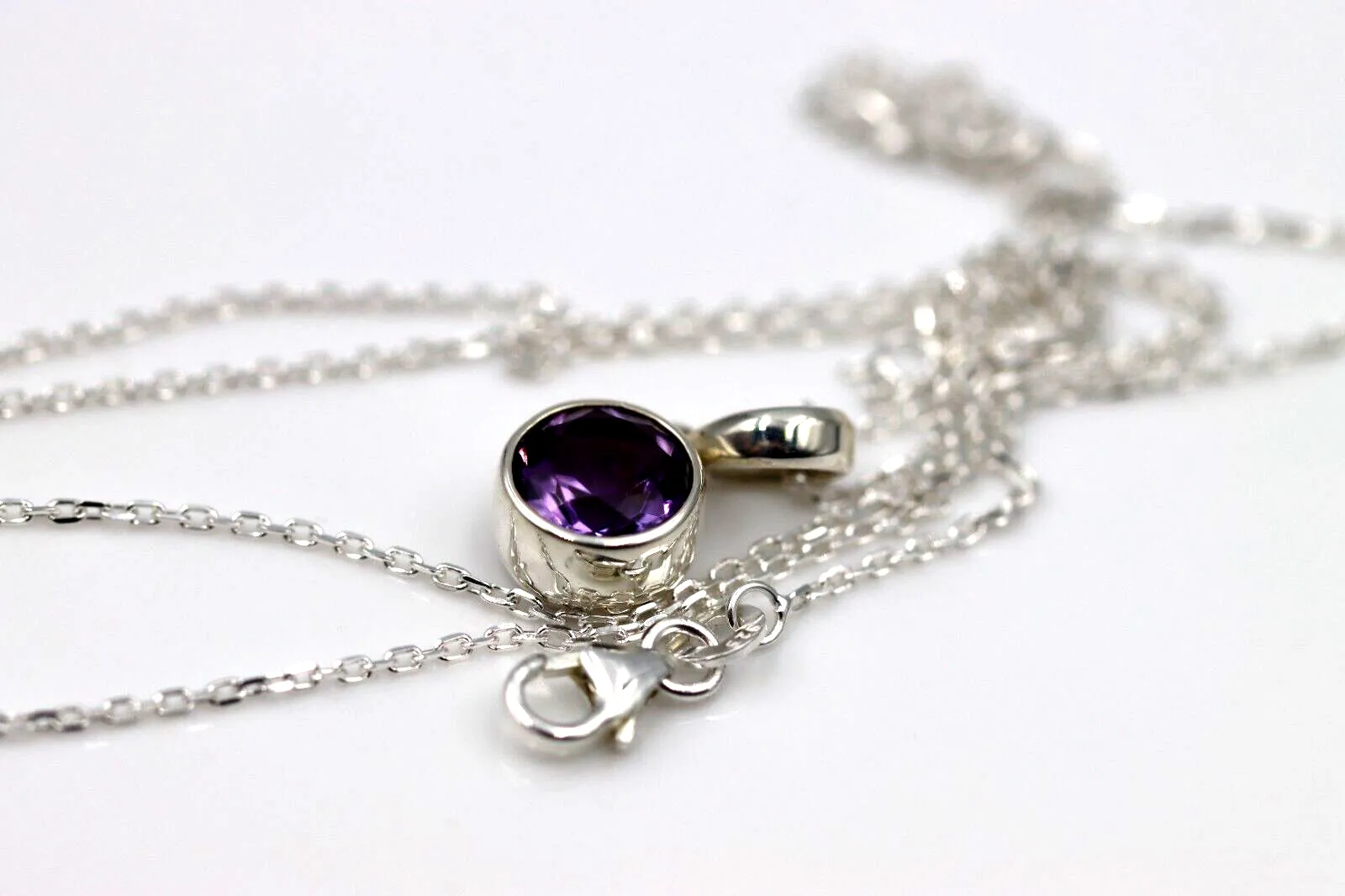 Sterling Silver 925 Round Amethyst Pendant & 65cm Chain Necklace
