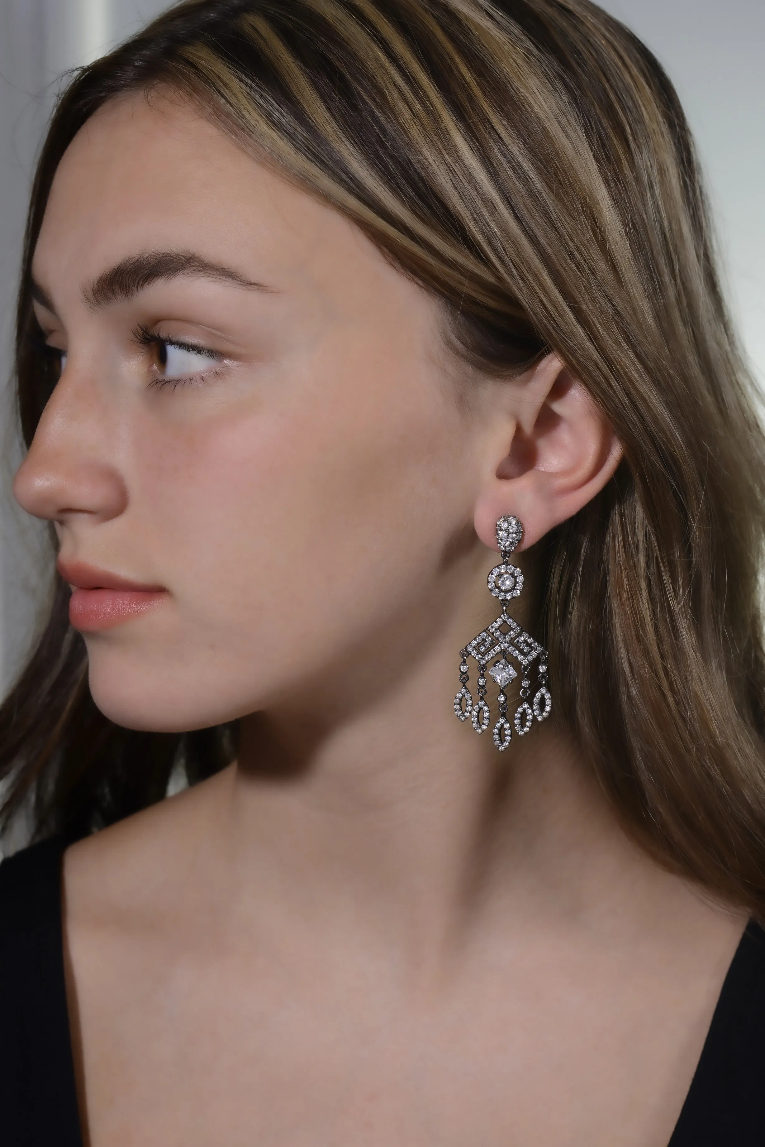 Sterling Silver Hematite Chandelier CZ Drop Earring