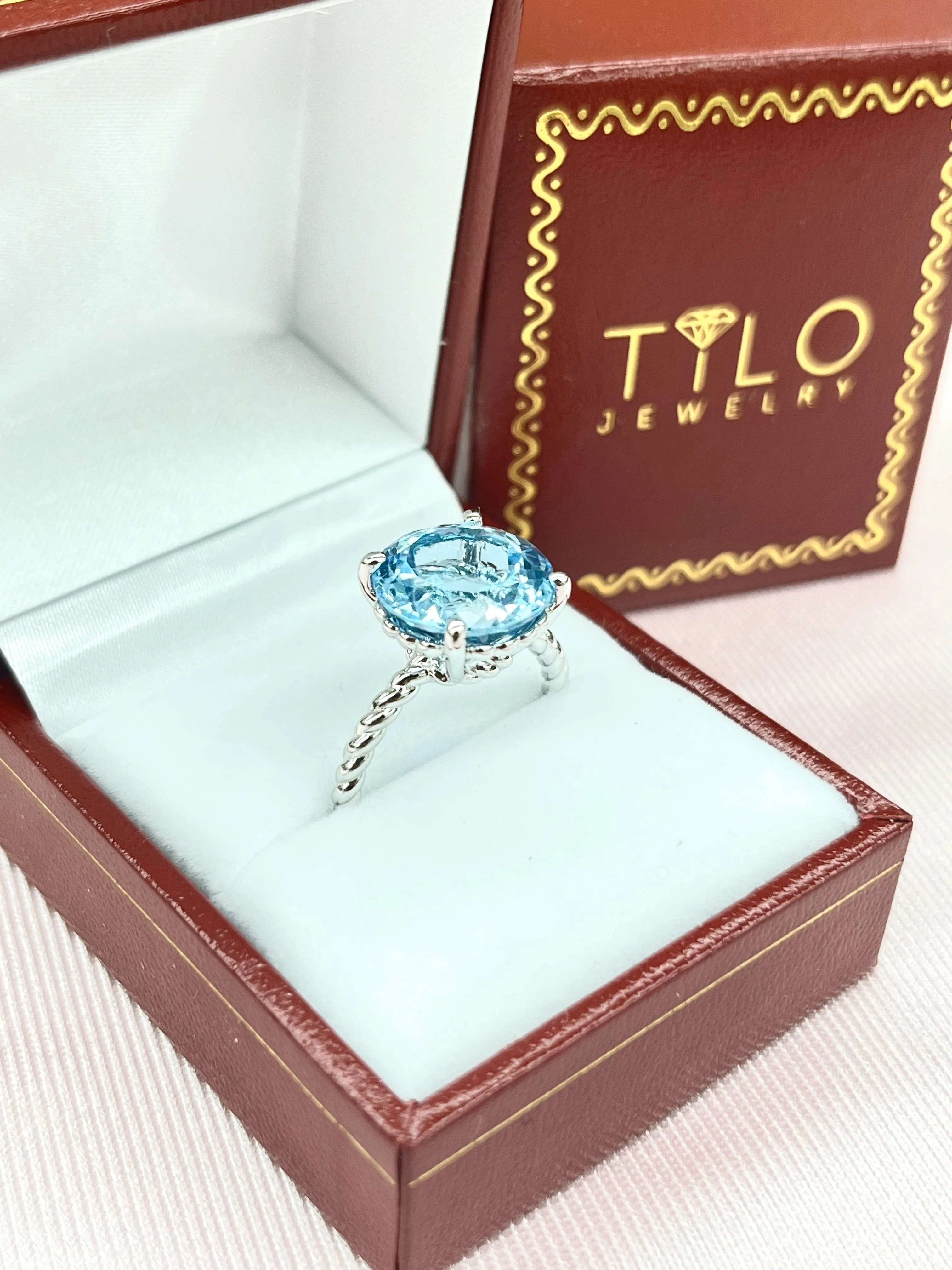Sterling Silver Sky Blue Topaz Ring, Five Carat Natural Gemstone, 925 Twist Rope Design, "Ms. Luscious"