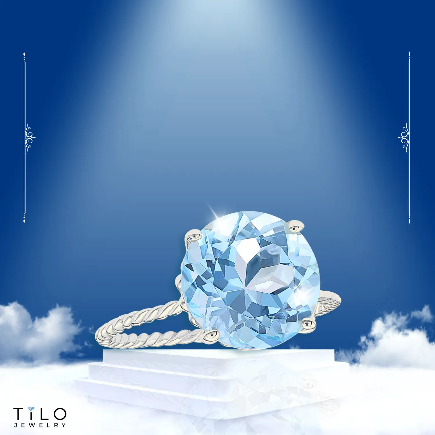 Sterling Silver Sky Blue Topaz Ring, Five Carat Natural Gemstone, 925 Twist Rope Design, "Ms. Luscious"