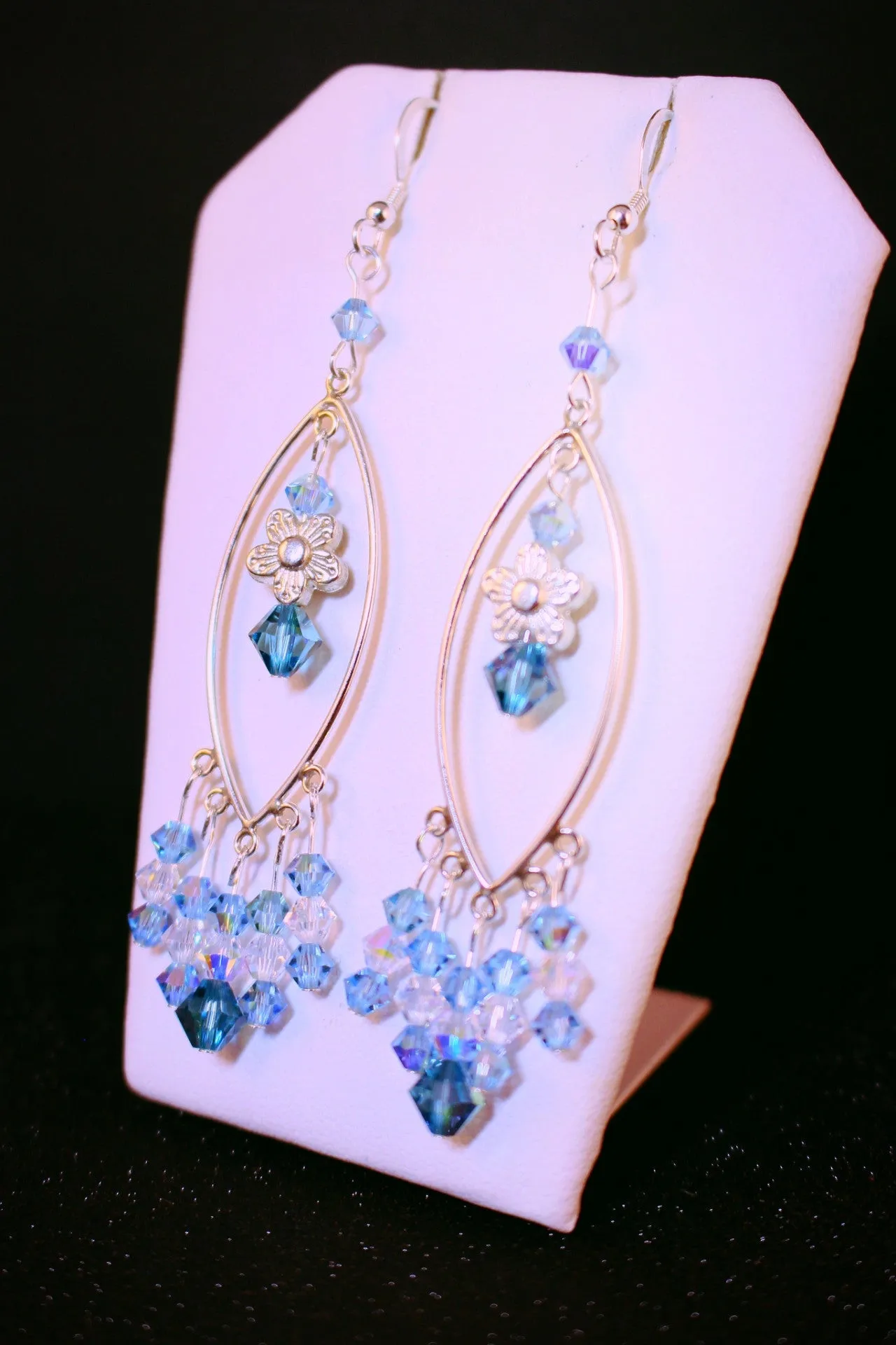 Swarovski Crystals, Aquamarine and Indicolite Sterling Silver Chandelier Earrings