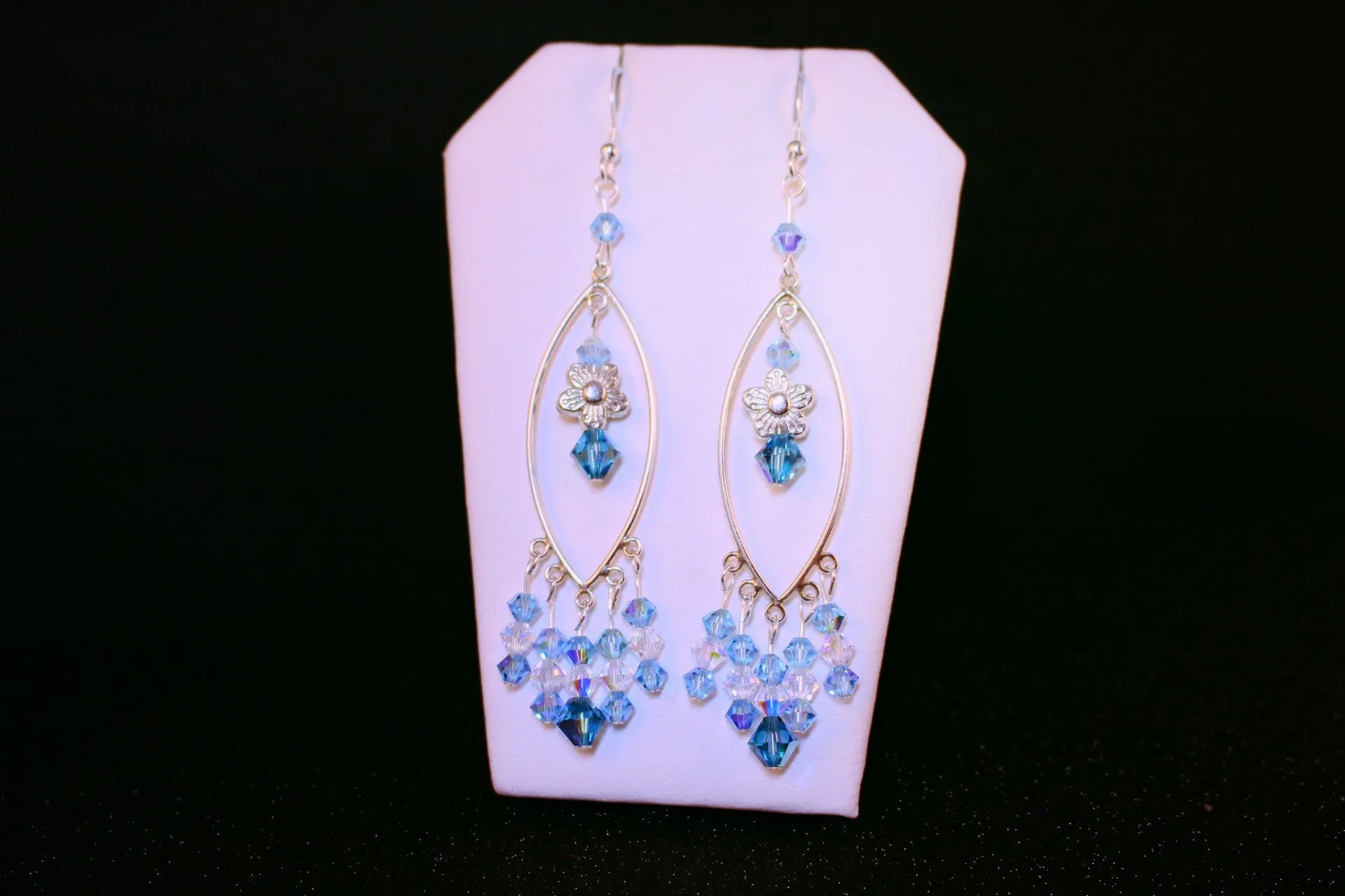 Swarovski Crystals, Aquamarine and Indicolite Sterling Silver Chandelier Earrings