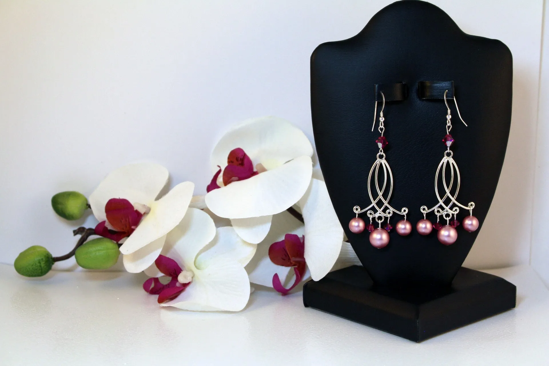 Swarovski Crystals, Powder Rose Pearl Chandelier Earrings, set in 92.5 Sterling Silver