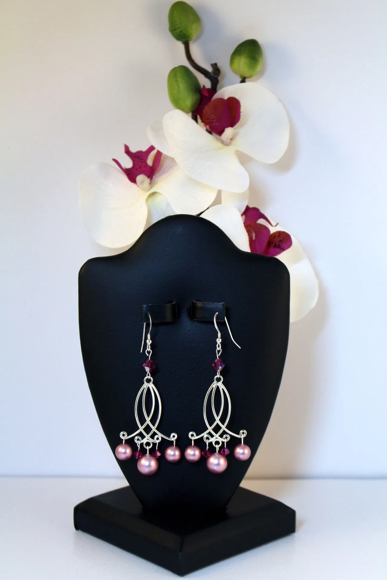 Swarovski Crystals, Powder Rose Pearl Chandelier Earrings, set in 92.5 Sterling Silver