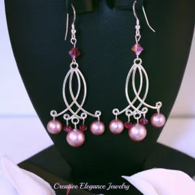 Swarovski Crystals, Powder Rose Pearl Chandelier Earrings, set in 92.5 Sterling Silver