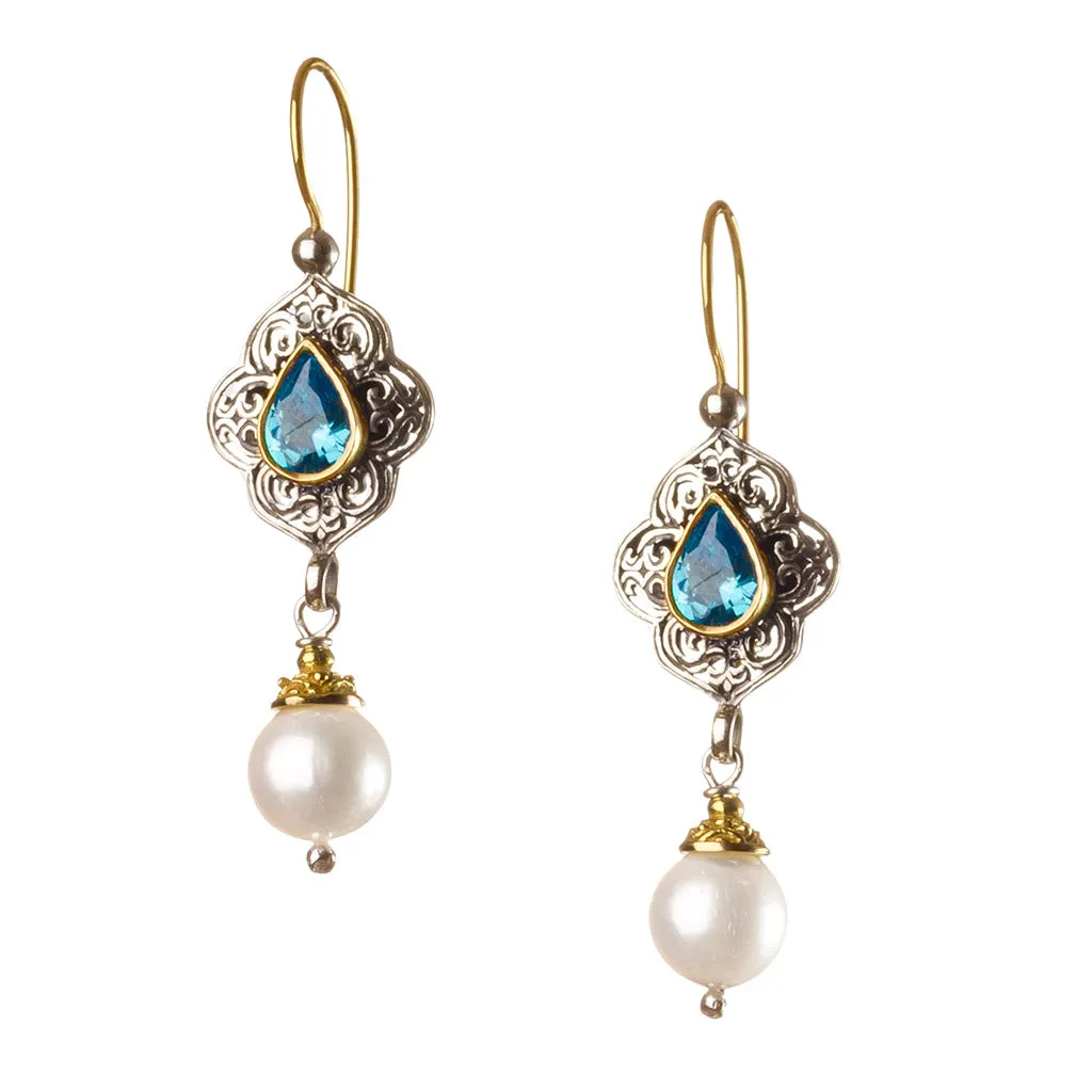 TearDrop Topaz Pearl Drop Chandelier Earrings
