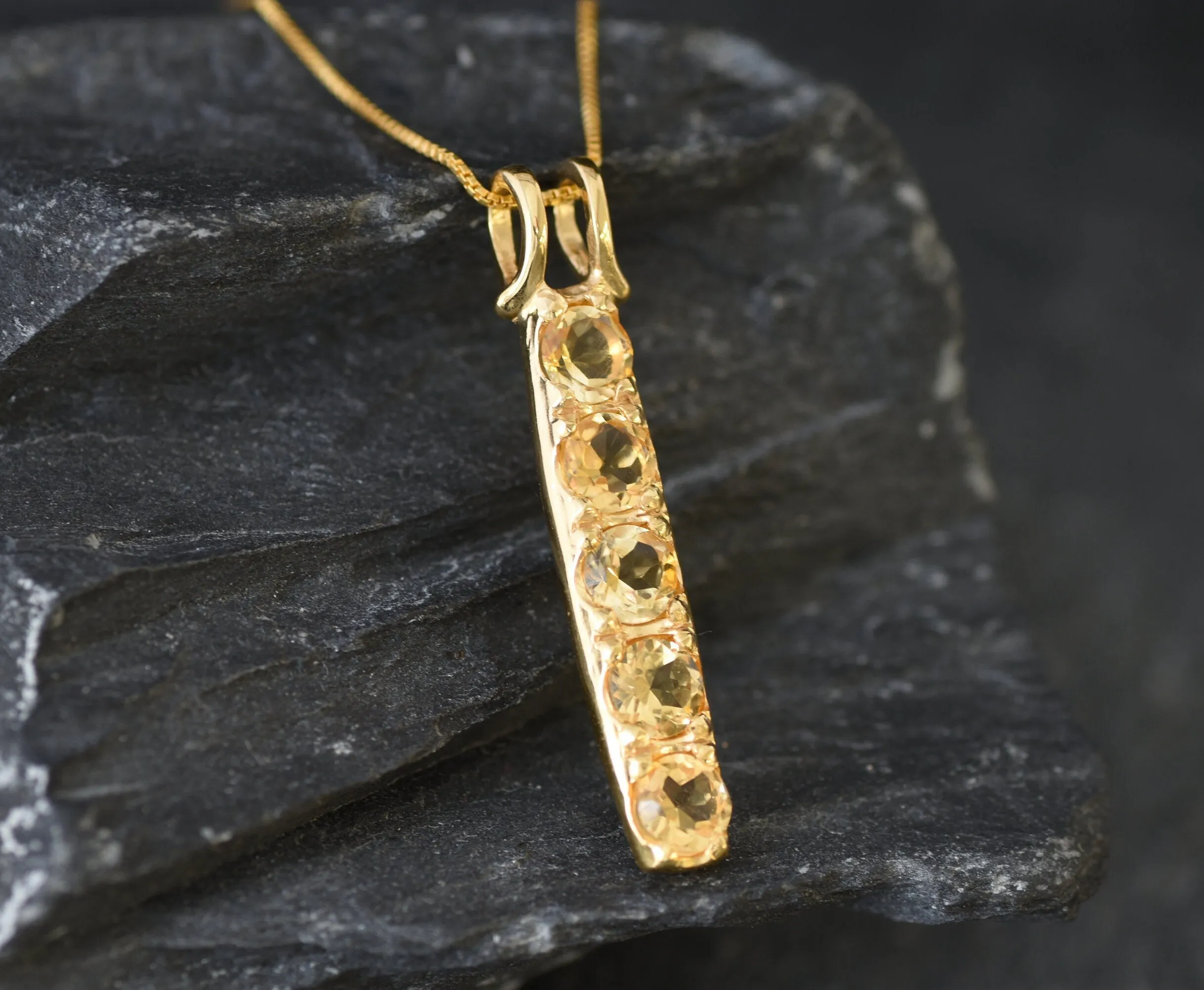 Vertical Citrine Pendant - Natural Citrine Necklace, Yellow Gemstone Pendant