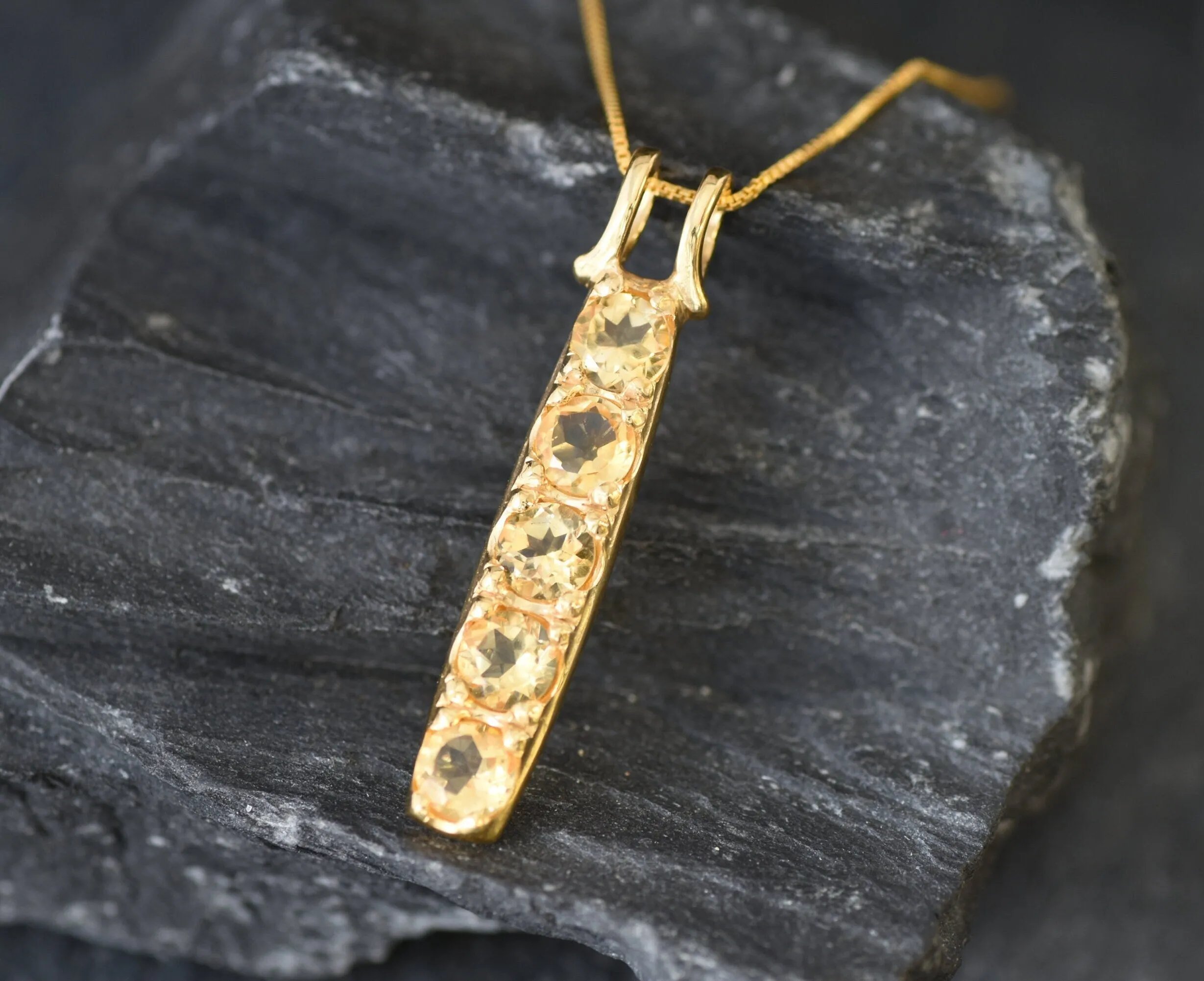 Vertical Citrine Pendant - Natural Citrine Necklace, Yellow Gemstone Pendant