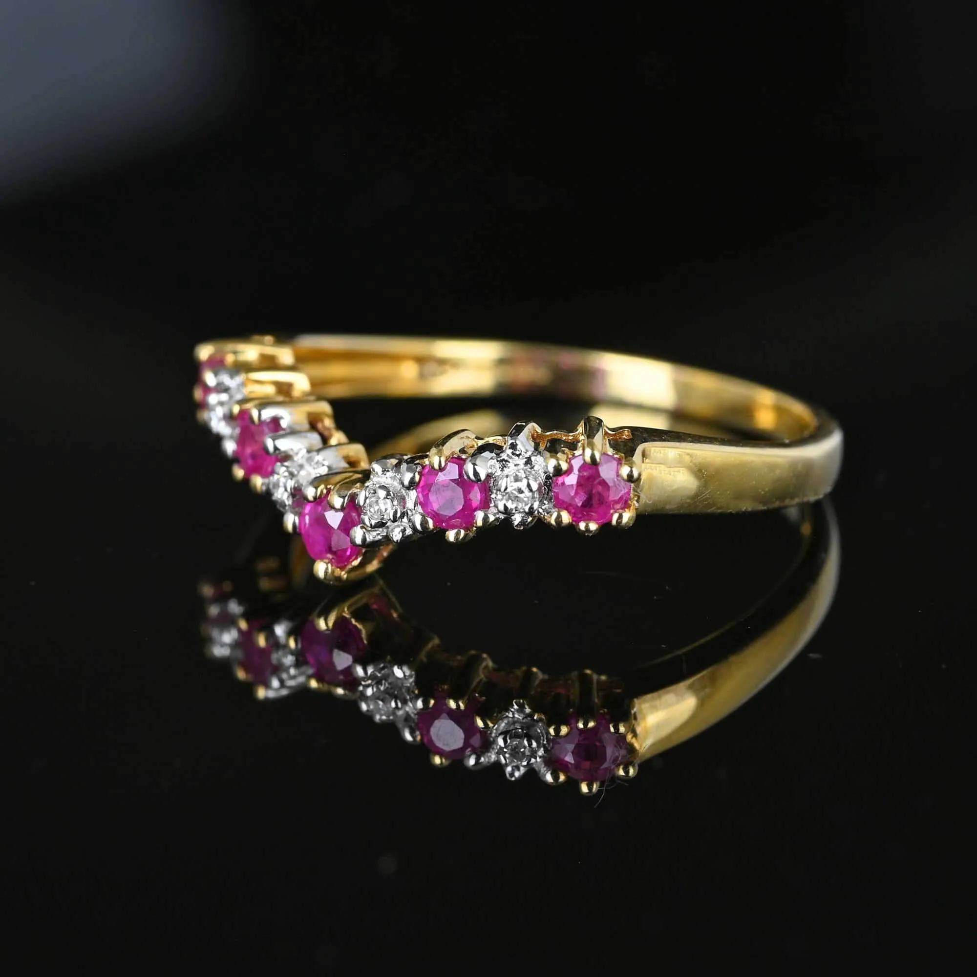 Vintage Gold Diamond & Ruby Chevron Wishbone Ring