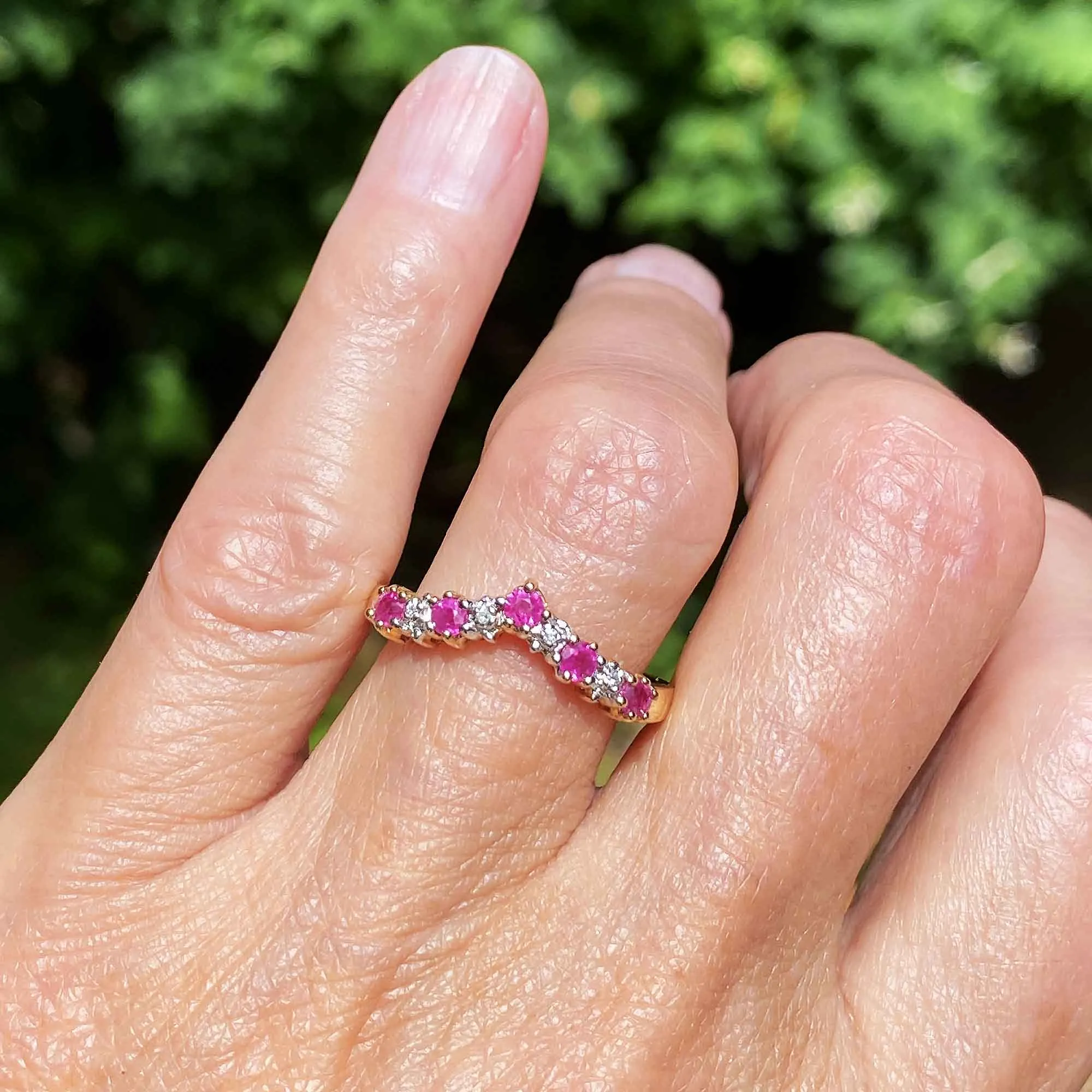 Vintage Gold Diamond & Ruby Chevron Wishbone Ring