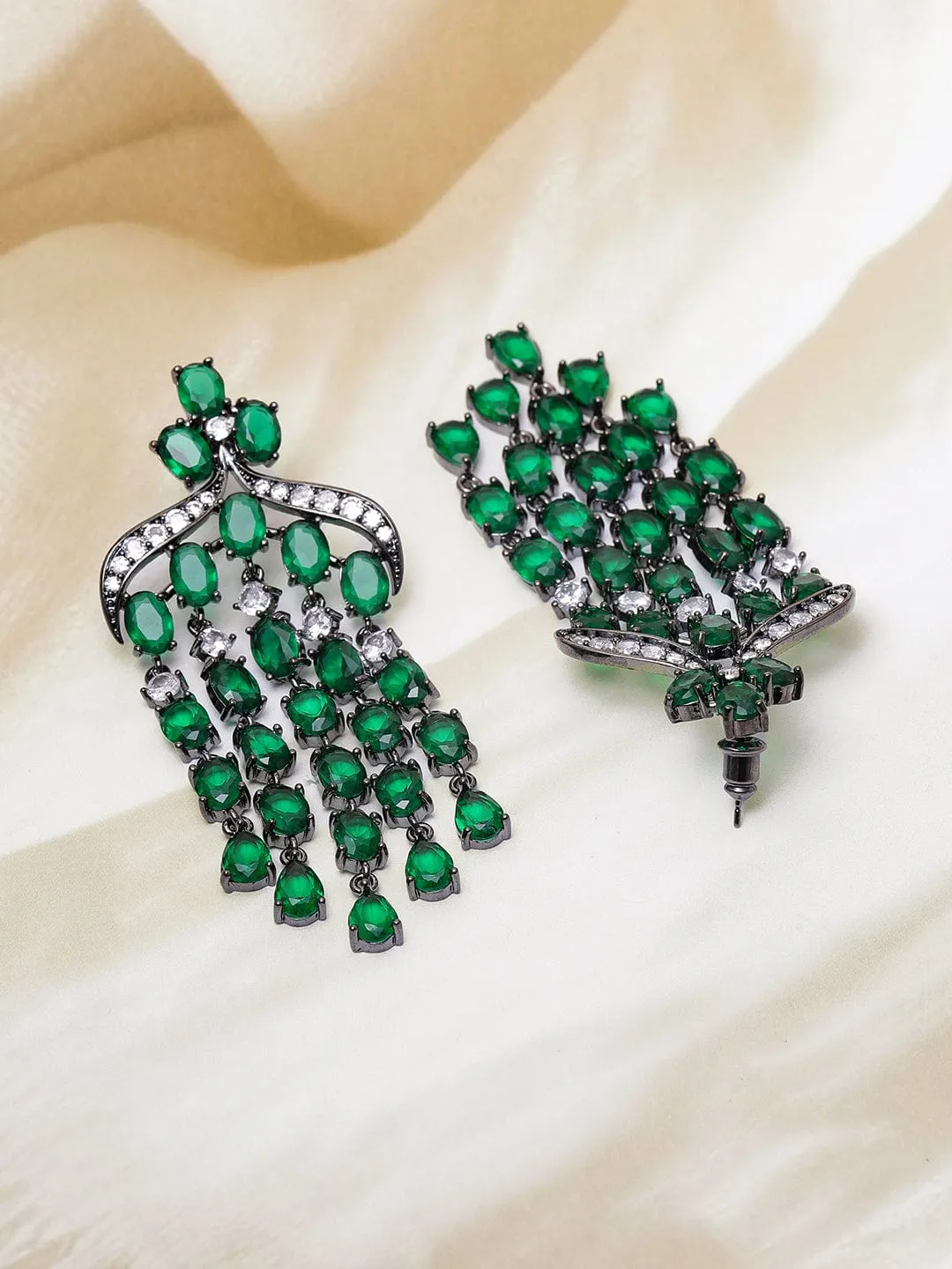 Voguish Rhodium Plated Emerald AD & Zirconia Studded Black Tone Multilayer Chandelier Earrings