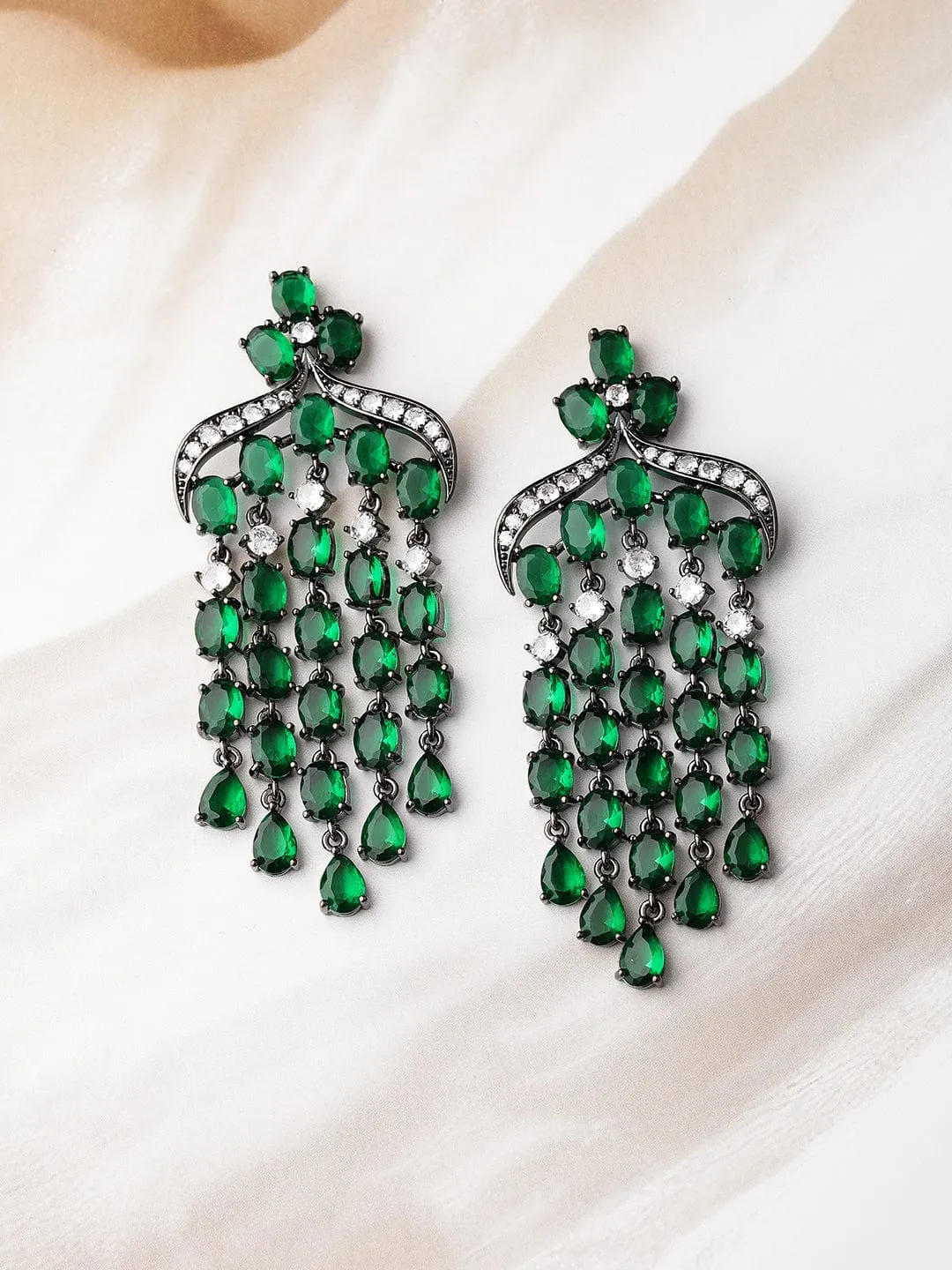 Voguish Rhodium Plated Emerald AD & Zirconia Studded Black Tone Multilayer Chandelier Earrings