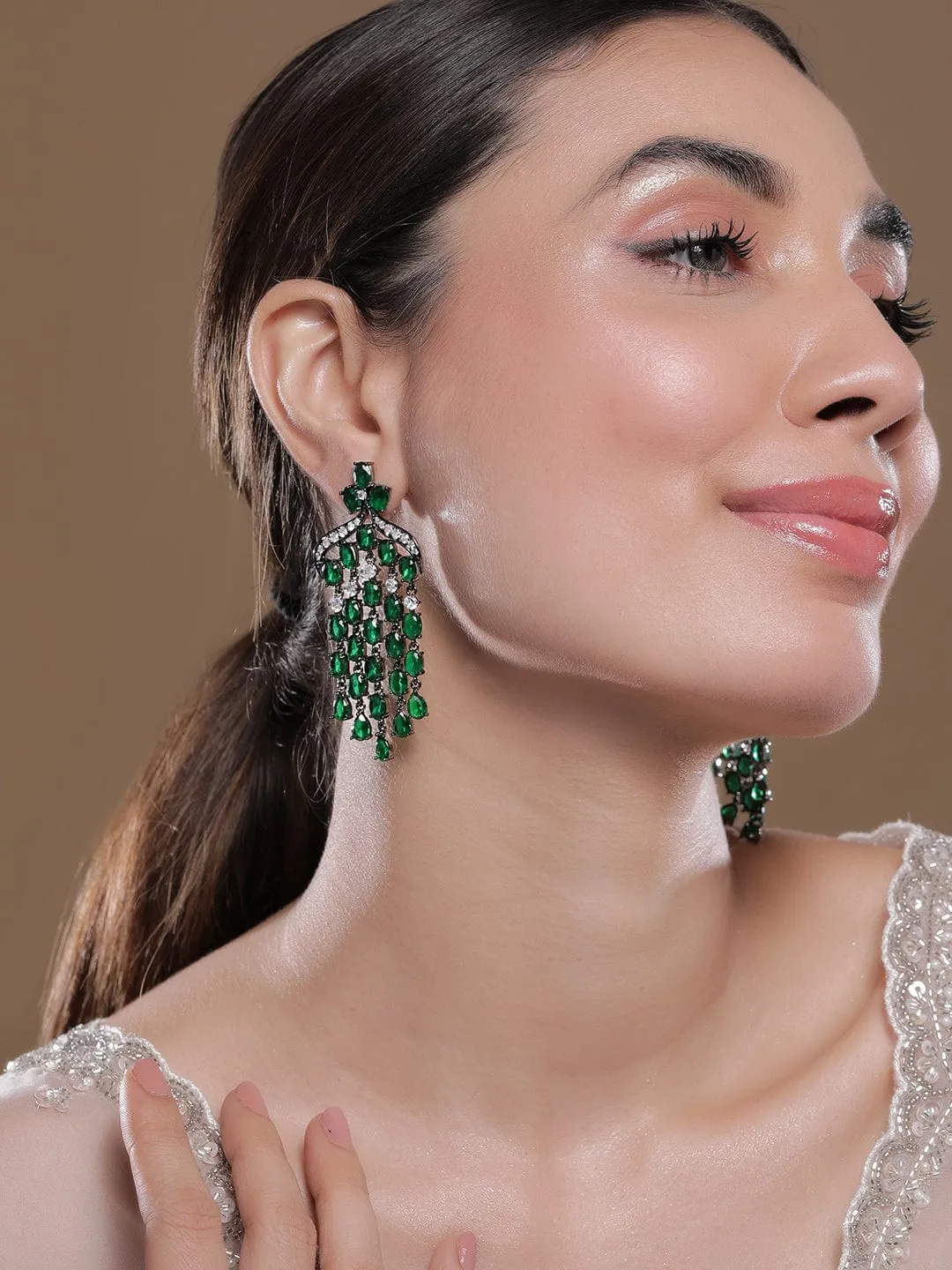 Voguish Rhodium Plated Emerald AD & Zirconia Studded Black Tone Multilayer Chandelier Earrings