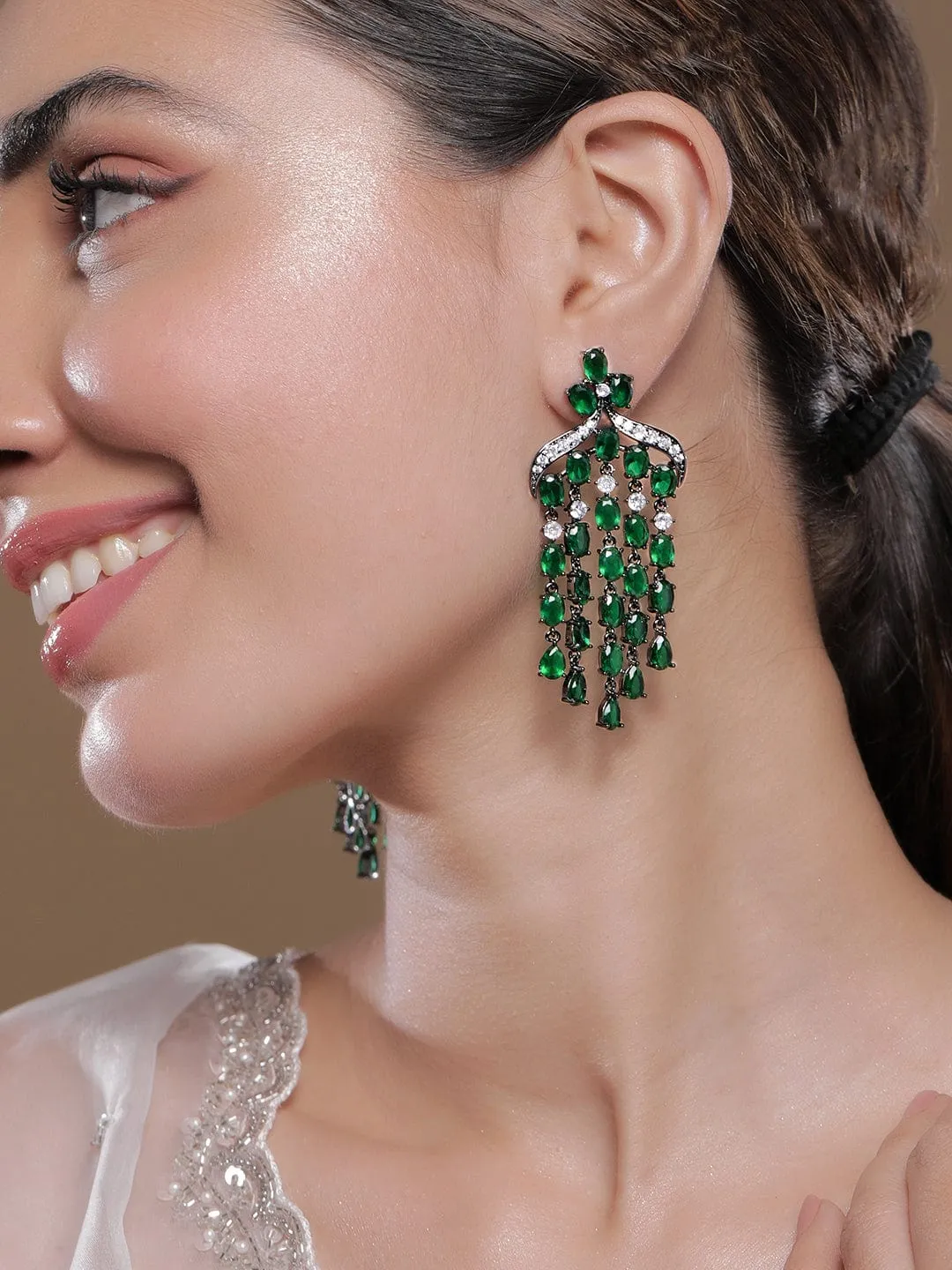 Voguish Rhodium Plated Emerald AD & Zirconia Studded Black Tone Multilayer Chandelier Earrings