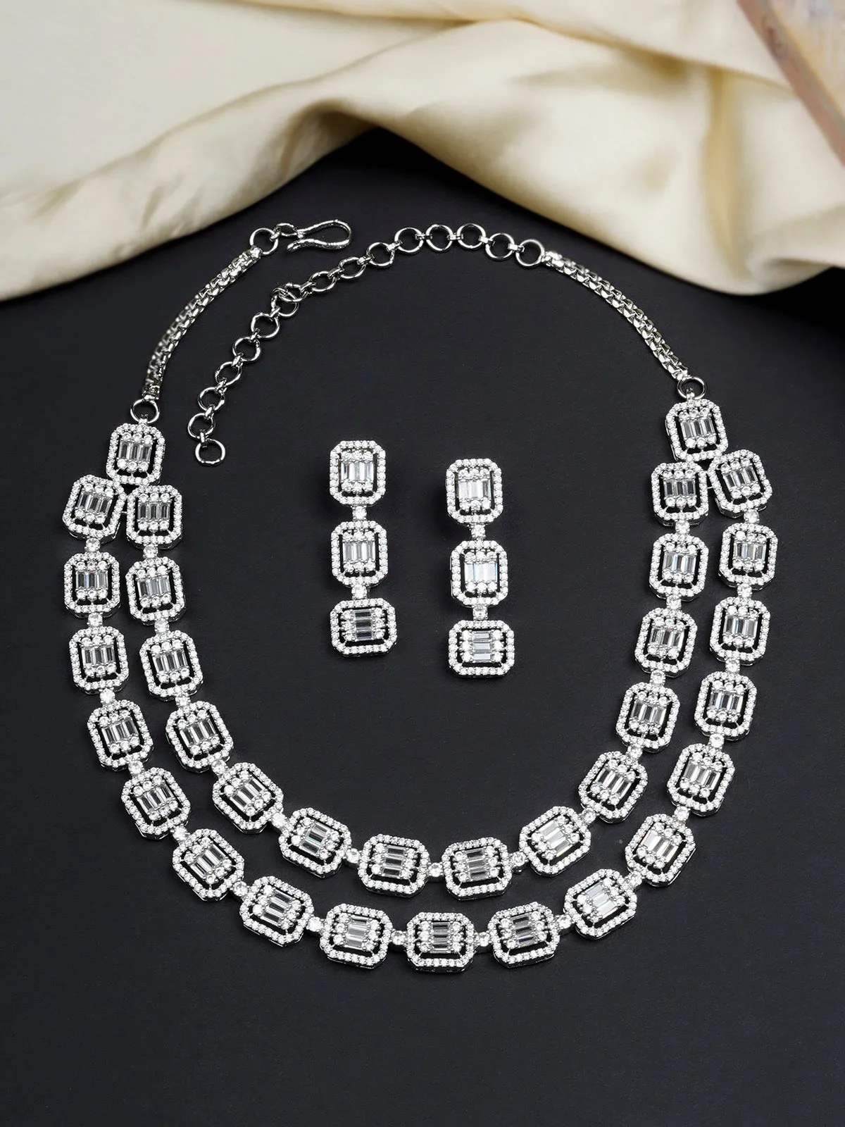 White Color Silver Plated Faux Diamond Necklace Set - CZSET333
