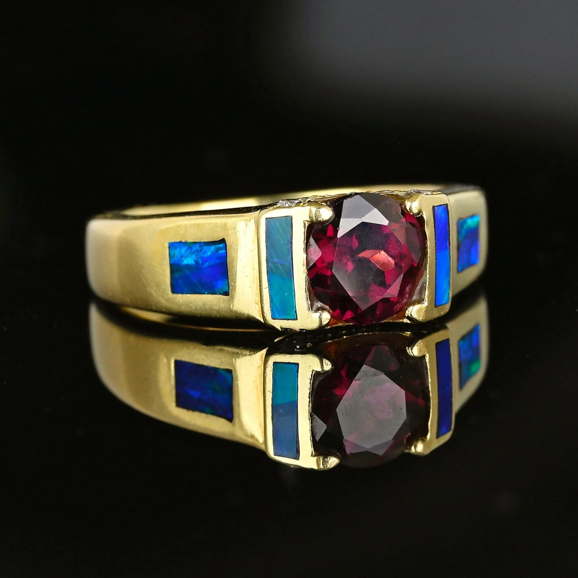 Wide 14K Gold Rhodolite Garnet Opal Ring Band Diamond Accents