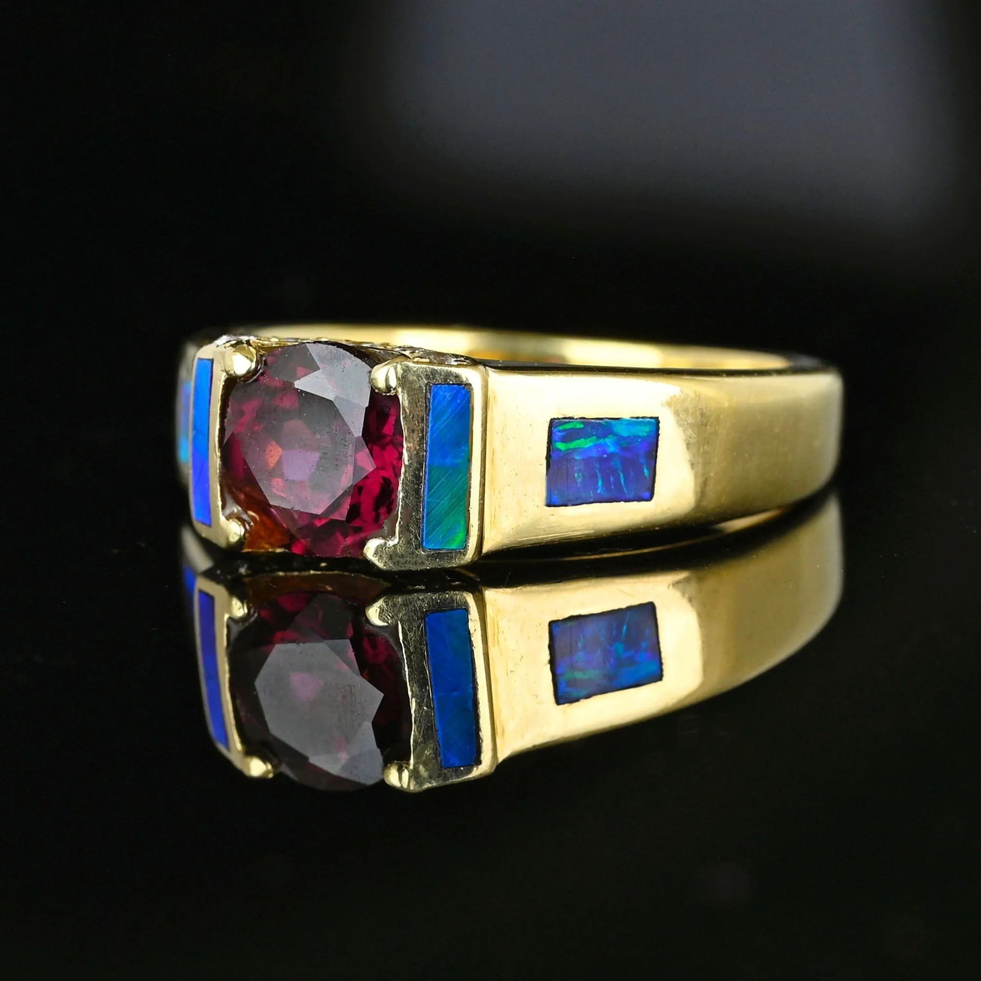 Wide 14K Gold Rhodolite Garnet Opal Ring Band Diamond Accents