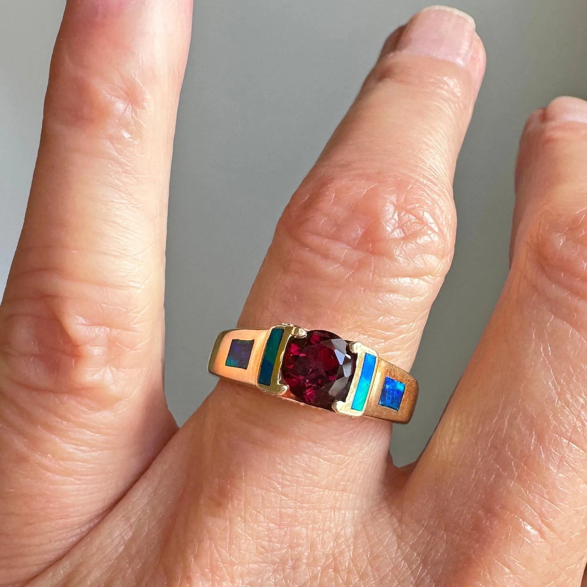 Wide 14K Gold Rhodolite Garnet Opal Ring Band Diamond Accents
