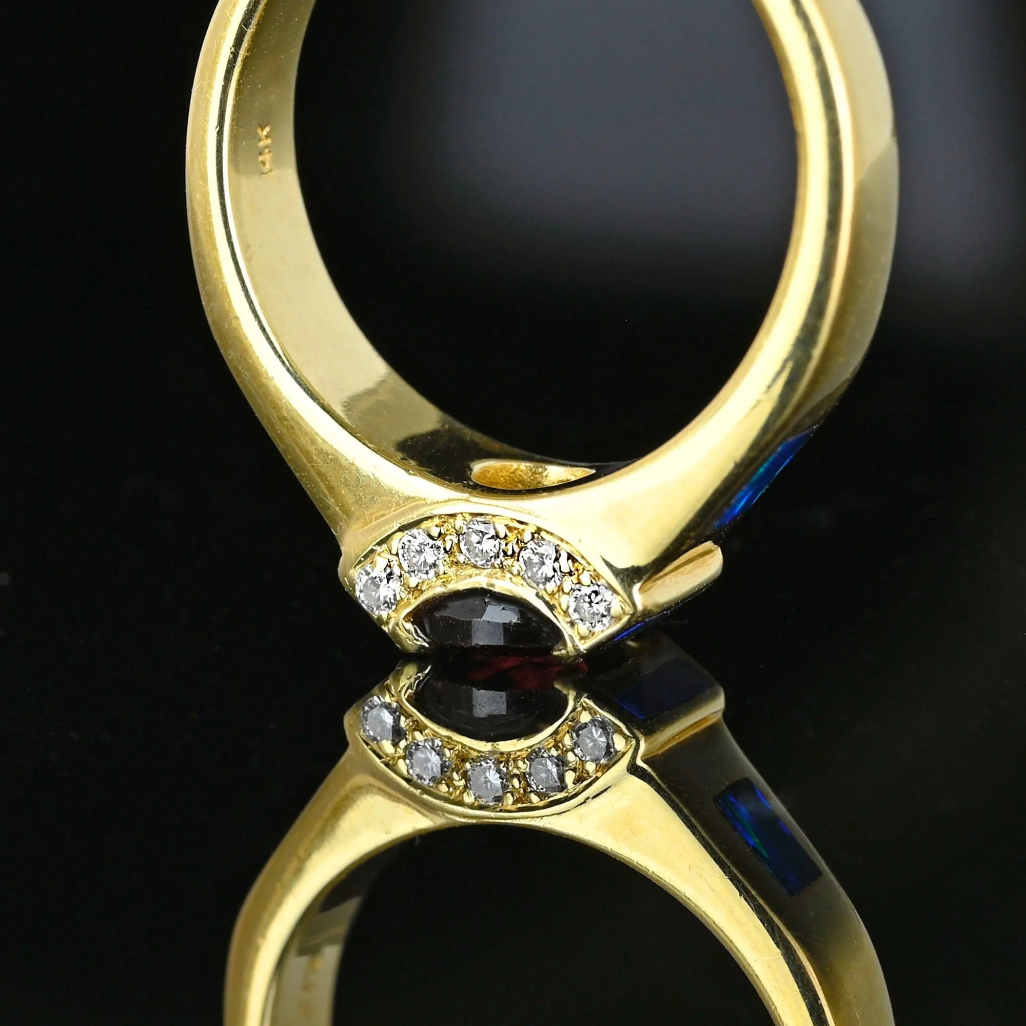 Wide 14K Gold Rhodolite Garnet Opal Ring Band Diamond Accents