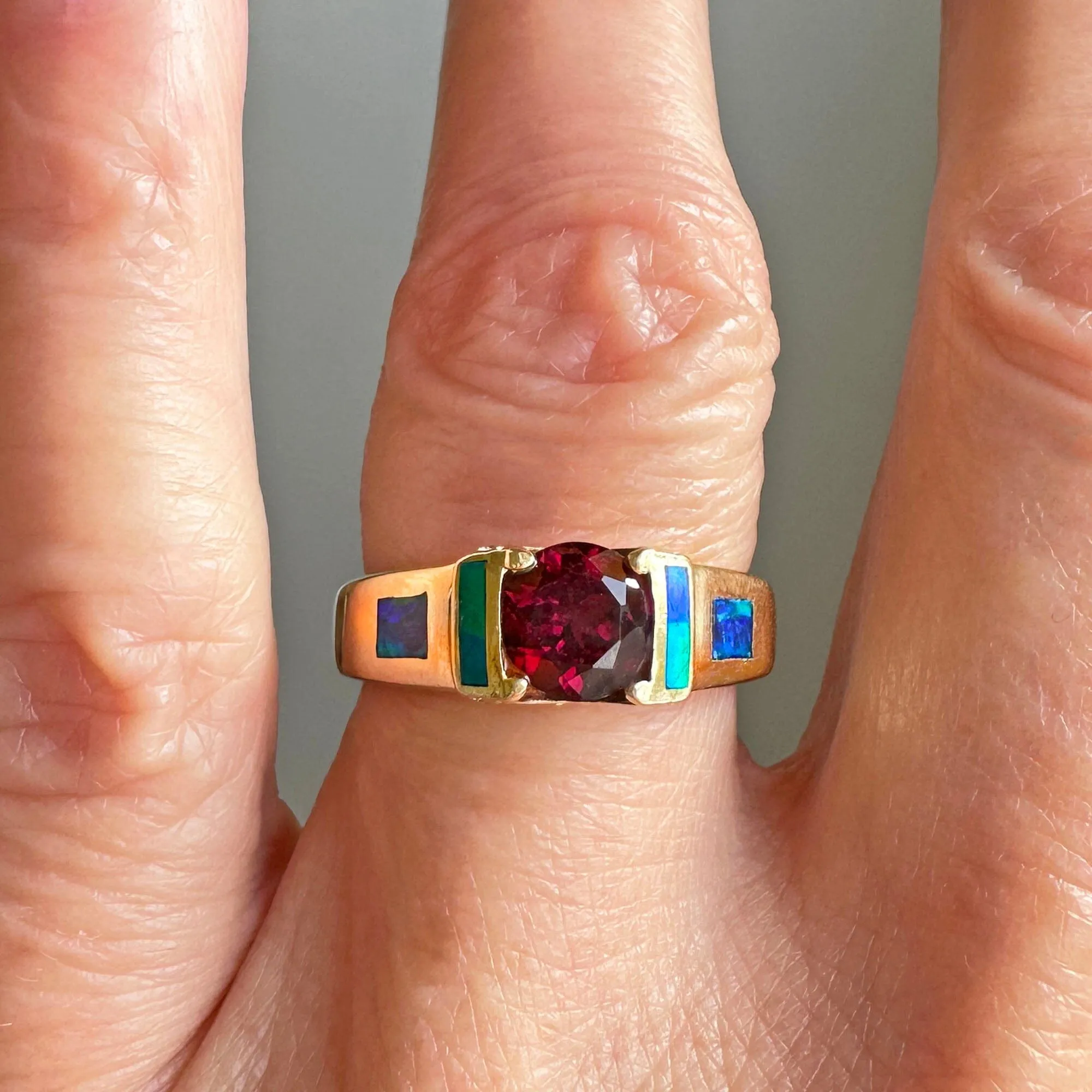 Wide 14K Gold Rhodolite Garnet Opal Ring Band Diamond Accents