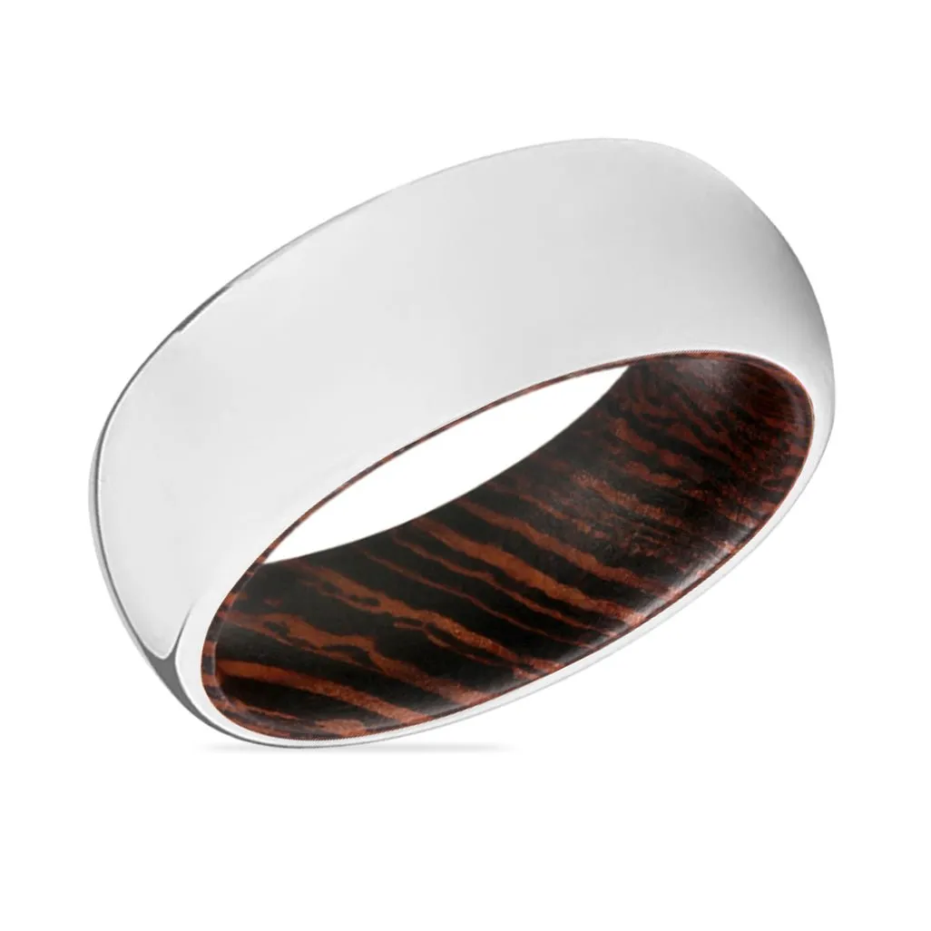 WISDOM | Wenge Wood, Silver Tungsten Ring, Shiny, Domed